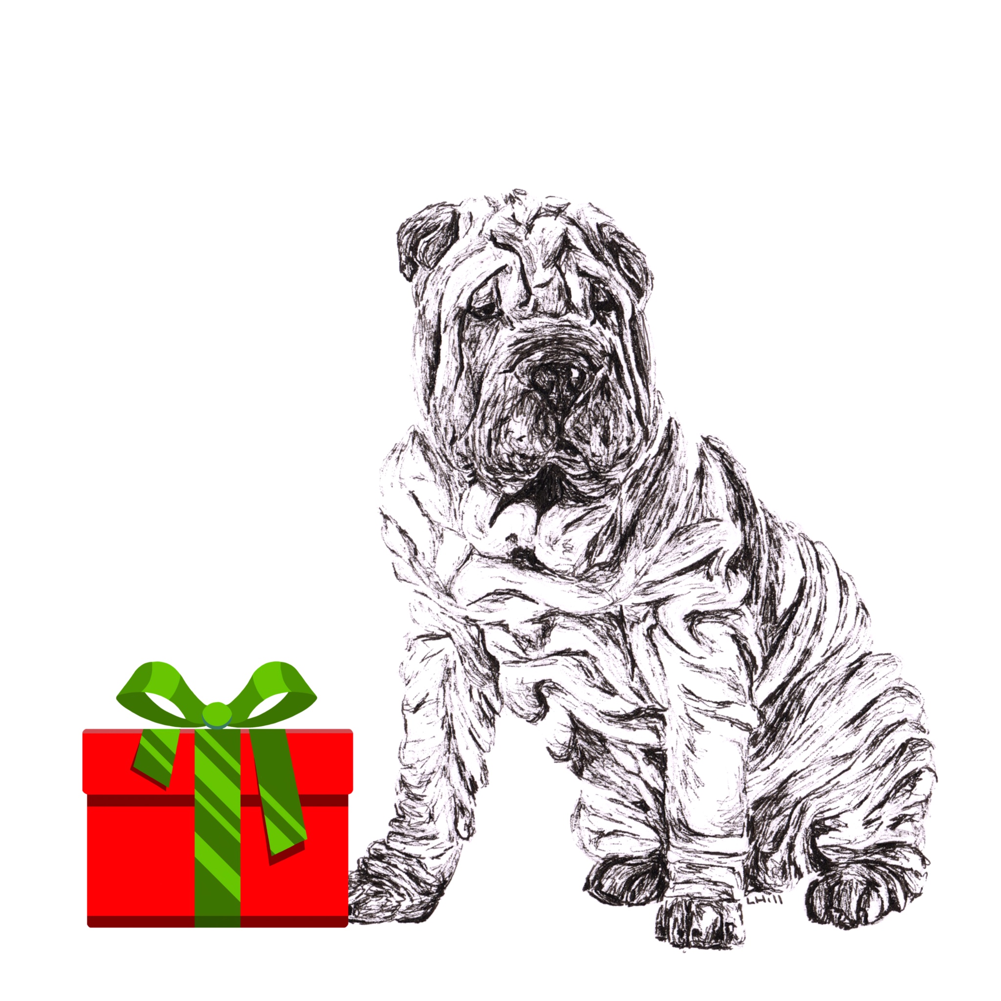 Shar Pei with Santa hat Christmas card by Louisa Hill