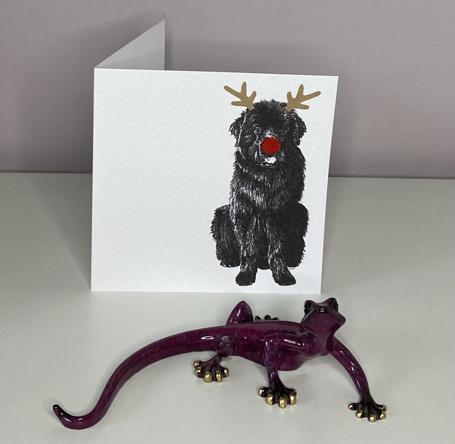 Newfoundland with reindeer antlers and red nose Christmas card by Louisa Hill