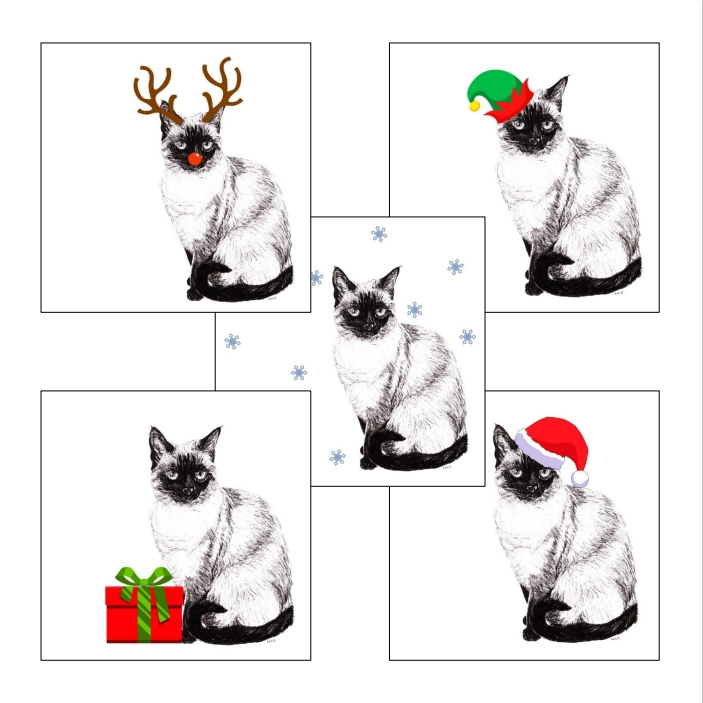 Siamese with Santa hat Christmas card by Louisa Hill