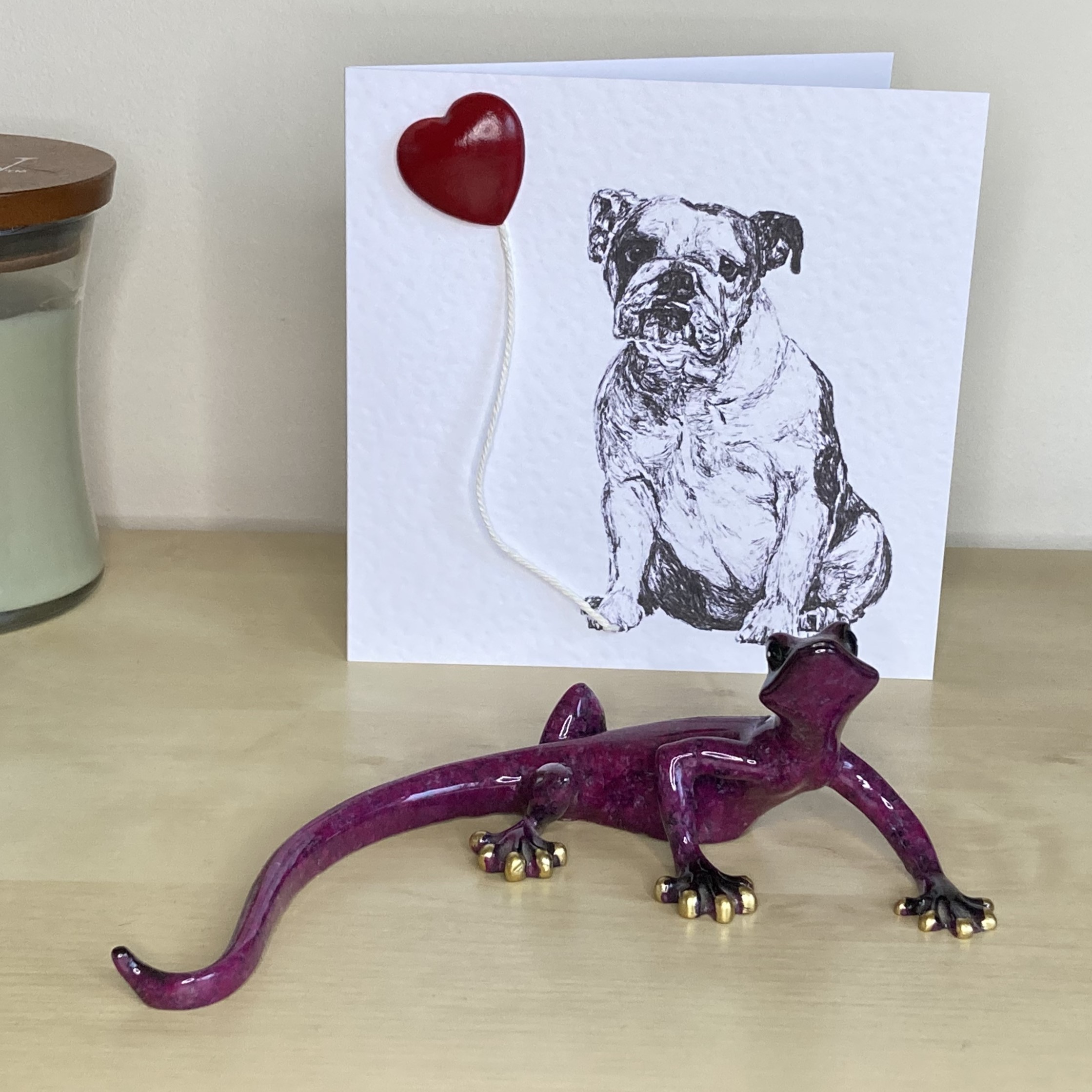 English Bulldog 15cm greetings card with 3D red heart balloon