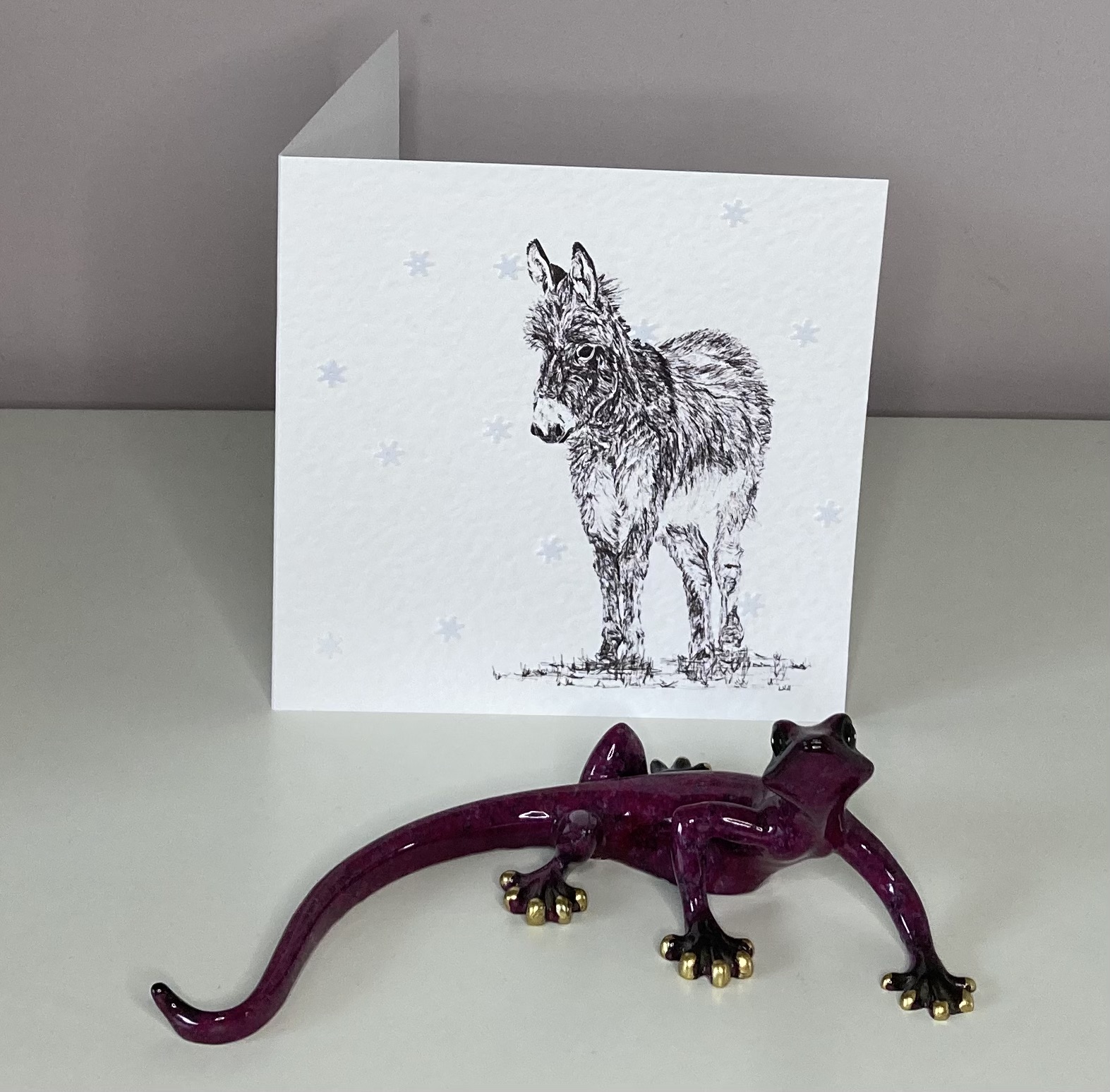 Donkey with snowflakes Christmas card by Louisa Hill