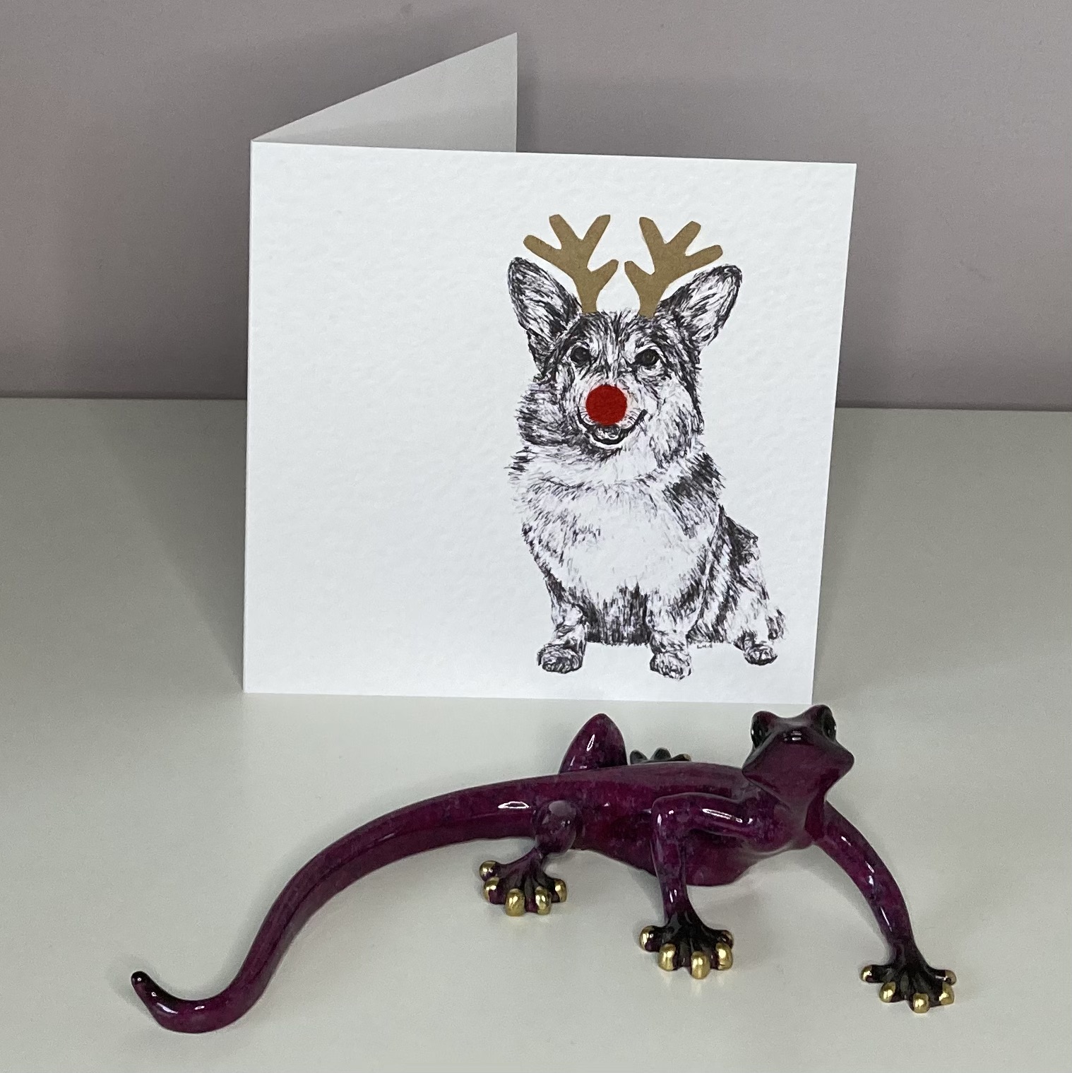 Pembroke Welsh Corgi with reindeer antlers and red nose Christmas cards by Louisa Hill