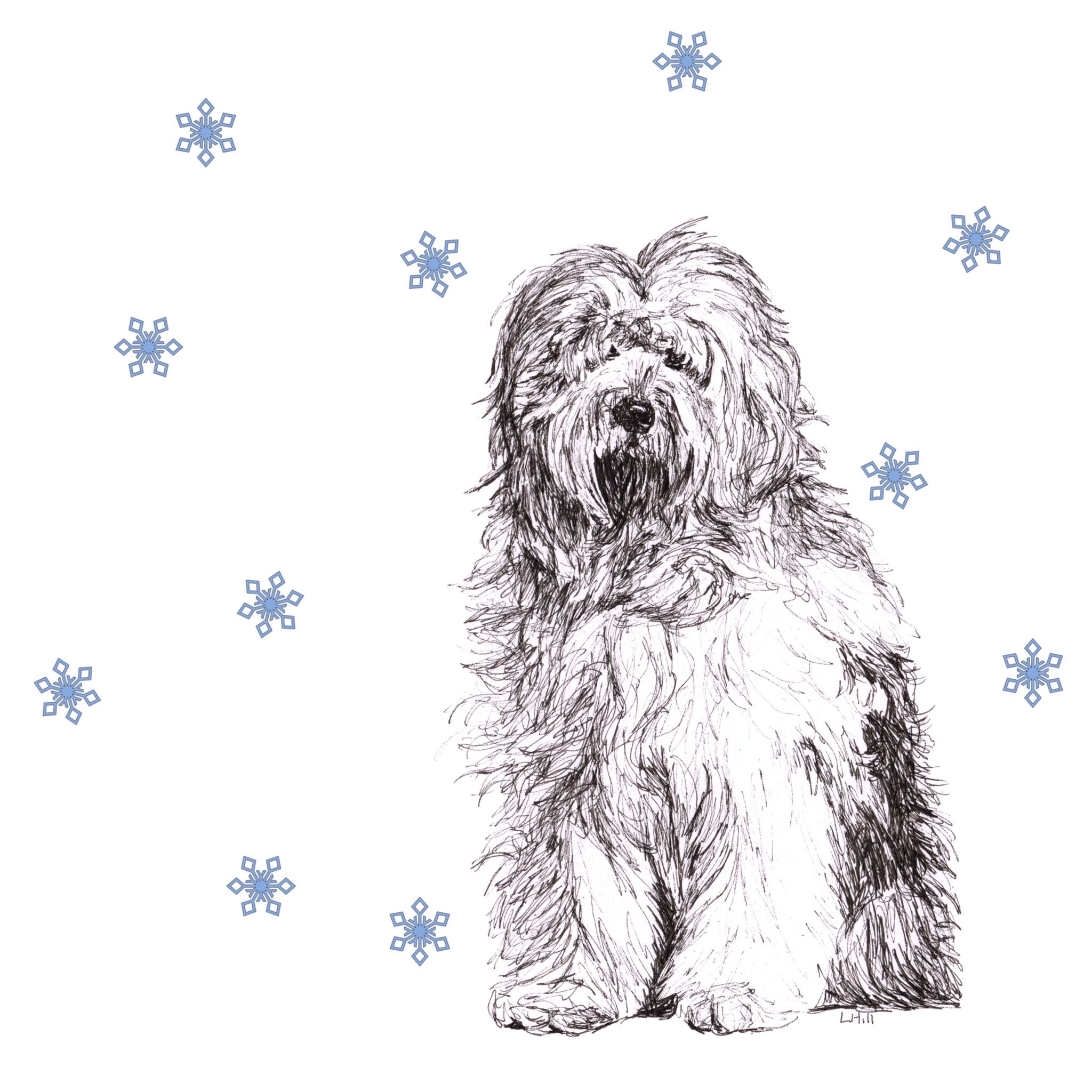 Old English Sheepdog with reindeer antlers and red nose Christmas card by Louisa Hill