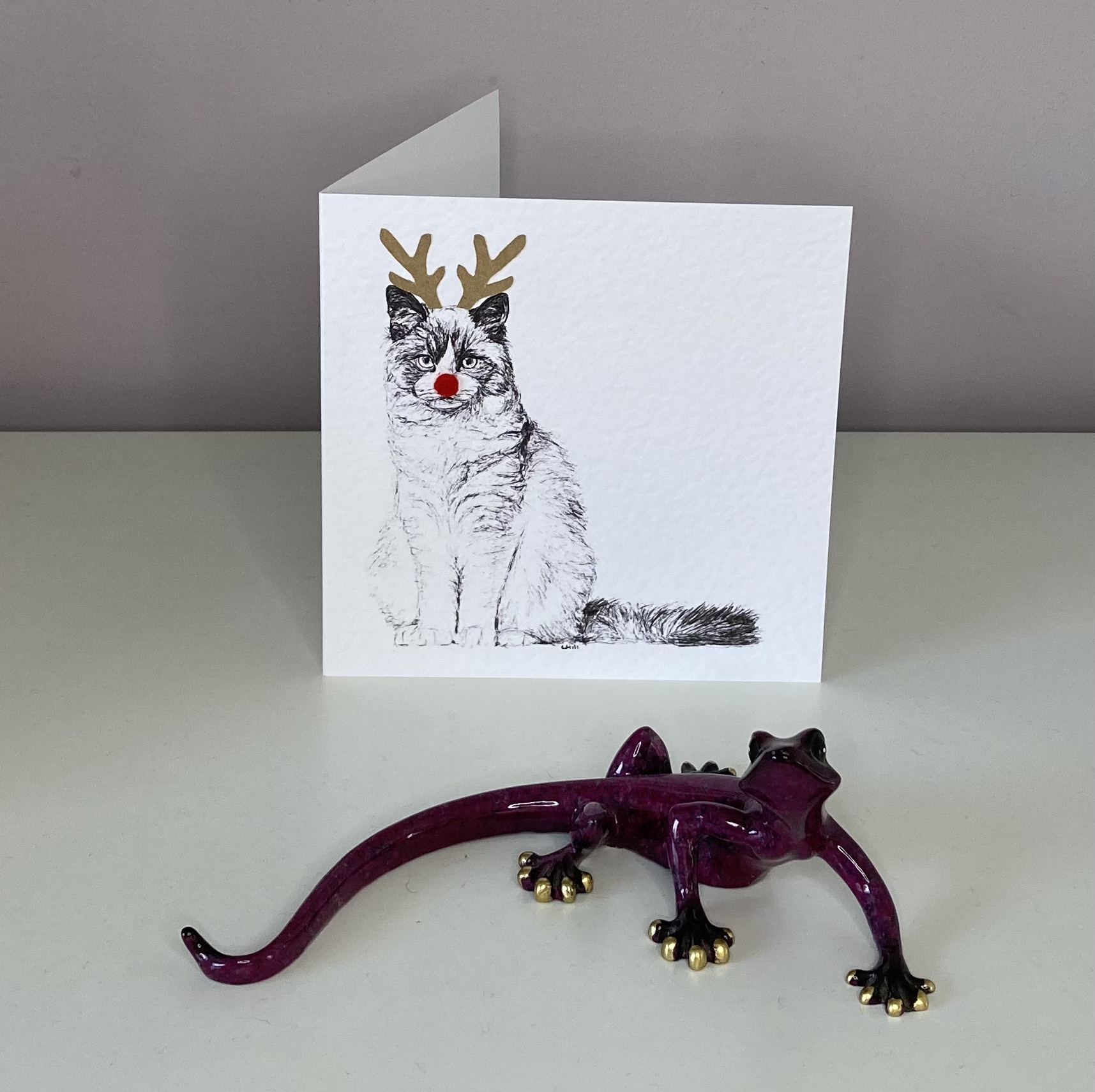 Ragdoll with reindeer antlers and red nose Christmas card by Louisa Hill