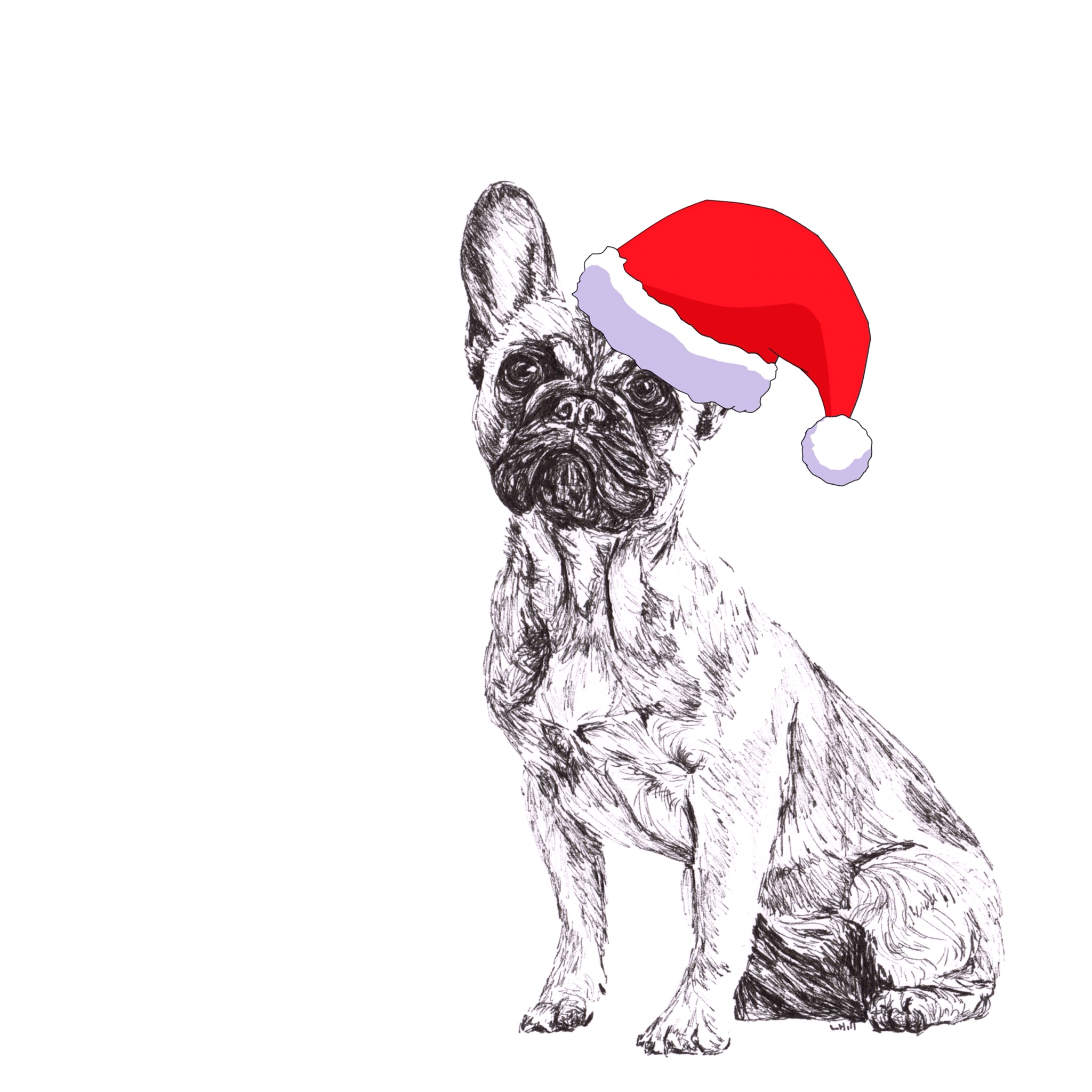 French Bulldog with reindeer antlers and red nose Christmas card by Louisa Hill