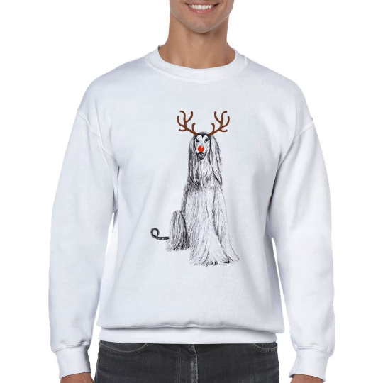 Afghan Hound with reindeer antlers and red nose Christmas jumper by Louisa Hill