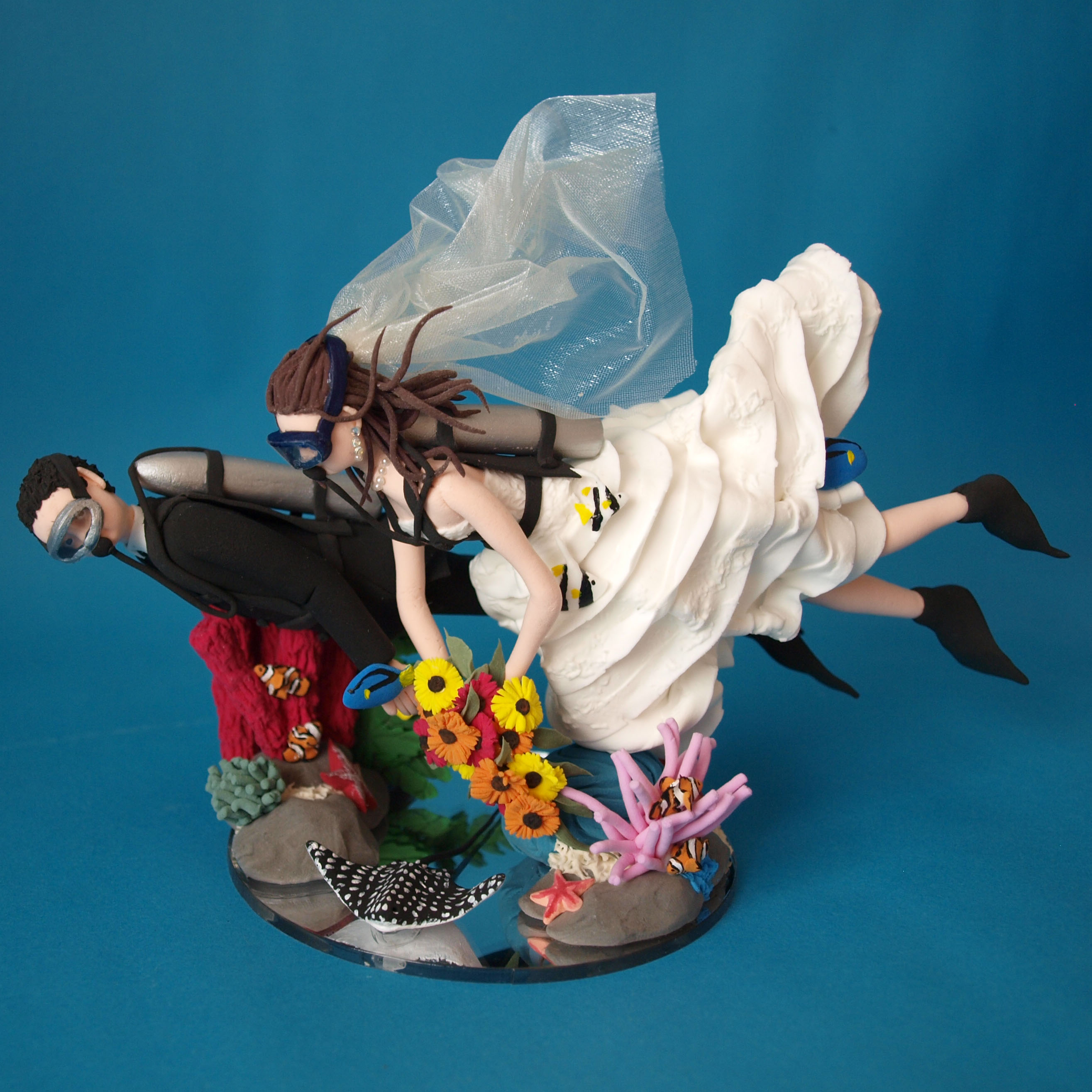 Scuba Diving Bride and groom with sting ray wedding cake topper by Louisa Hill