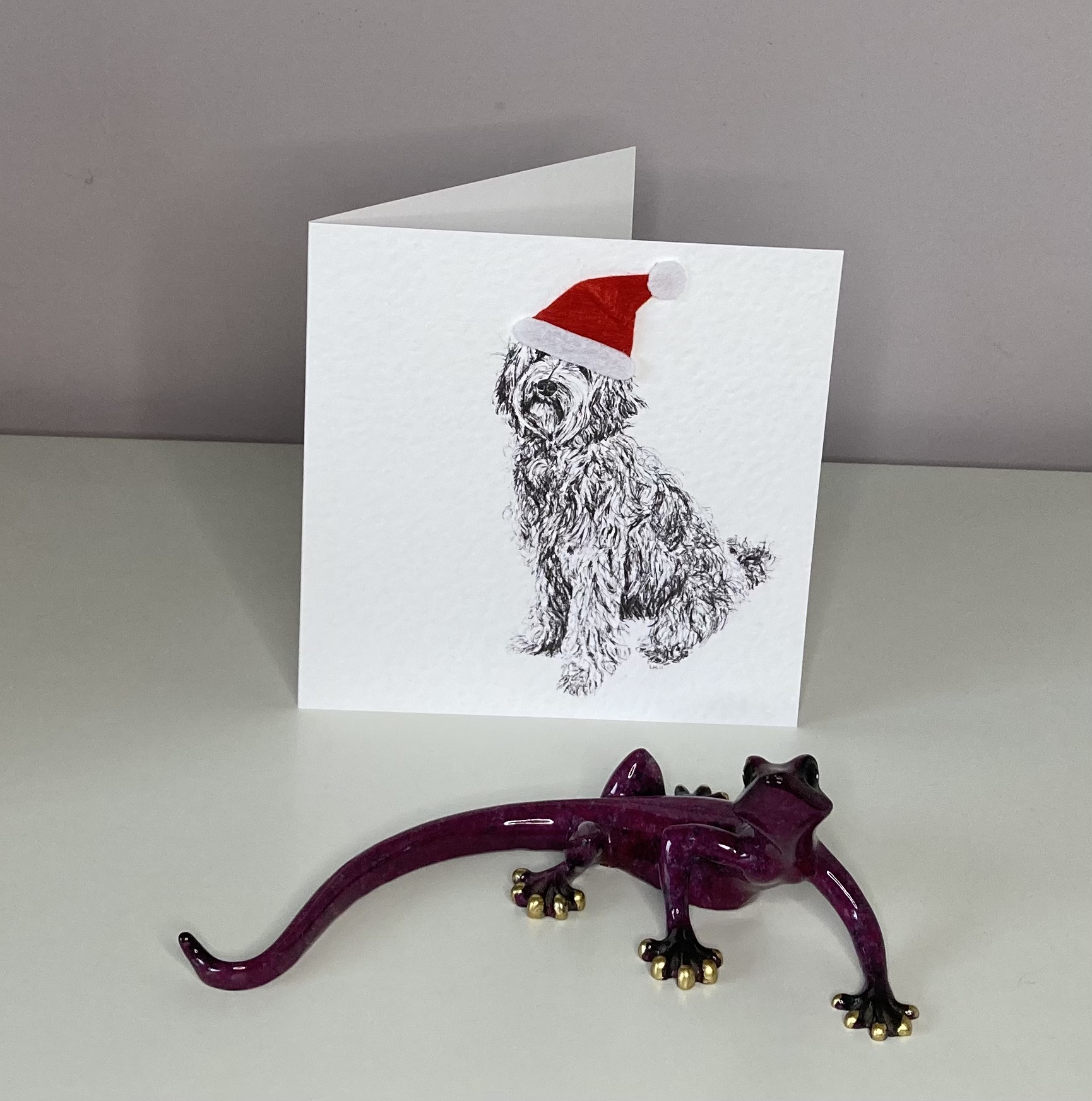 Ladradoodle with santa hat Christmas card by Louisa Hill