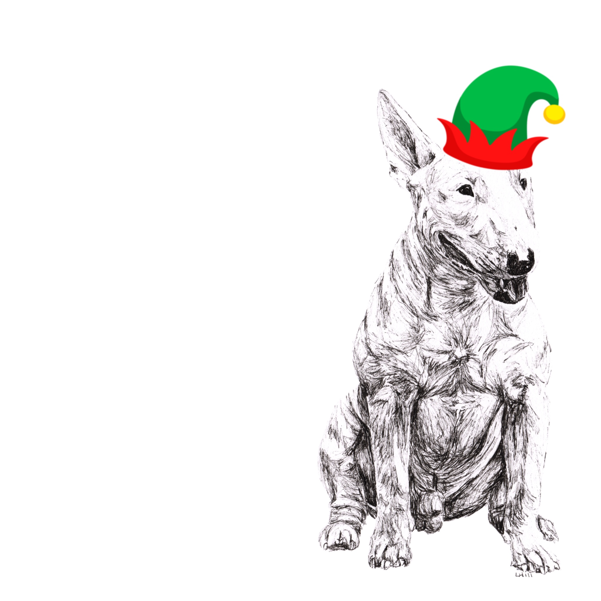 English Bull Terrier with Santa hat Christmas card by Louisa Hill