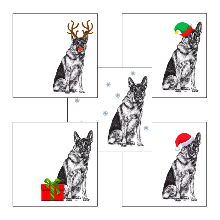 German Shepherd with reindeer antlers and red nose Christmas card by Louisa Hill