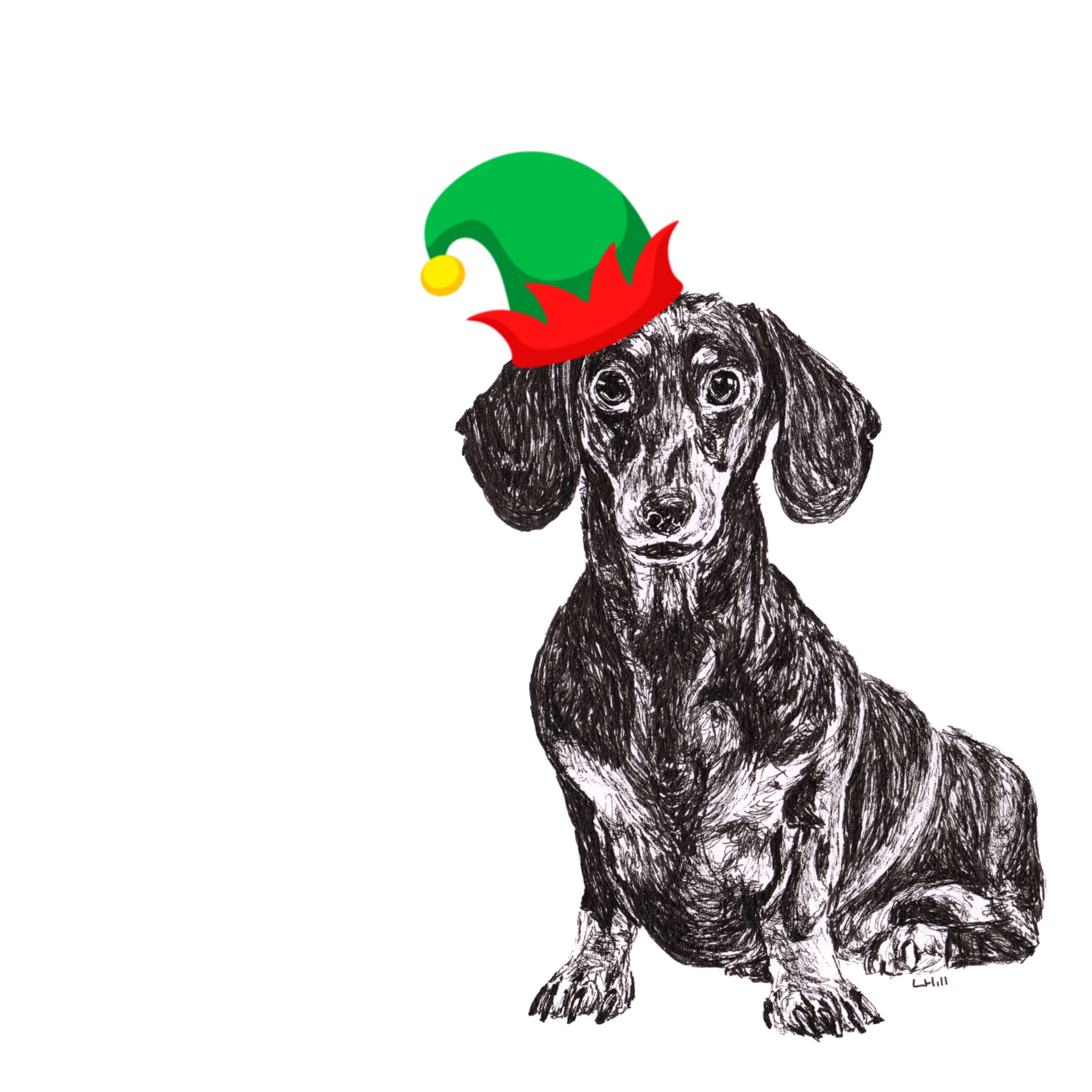 Dachshund in Santa hat Christmas cards by Louisa Hill