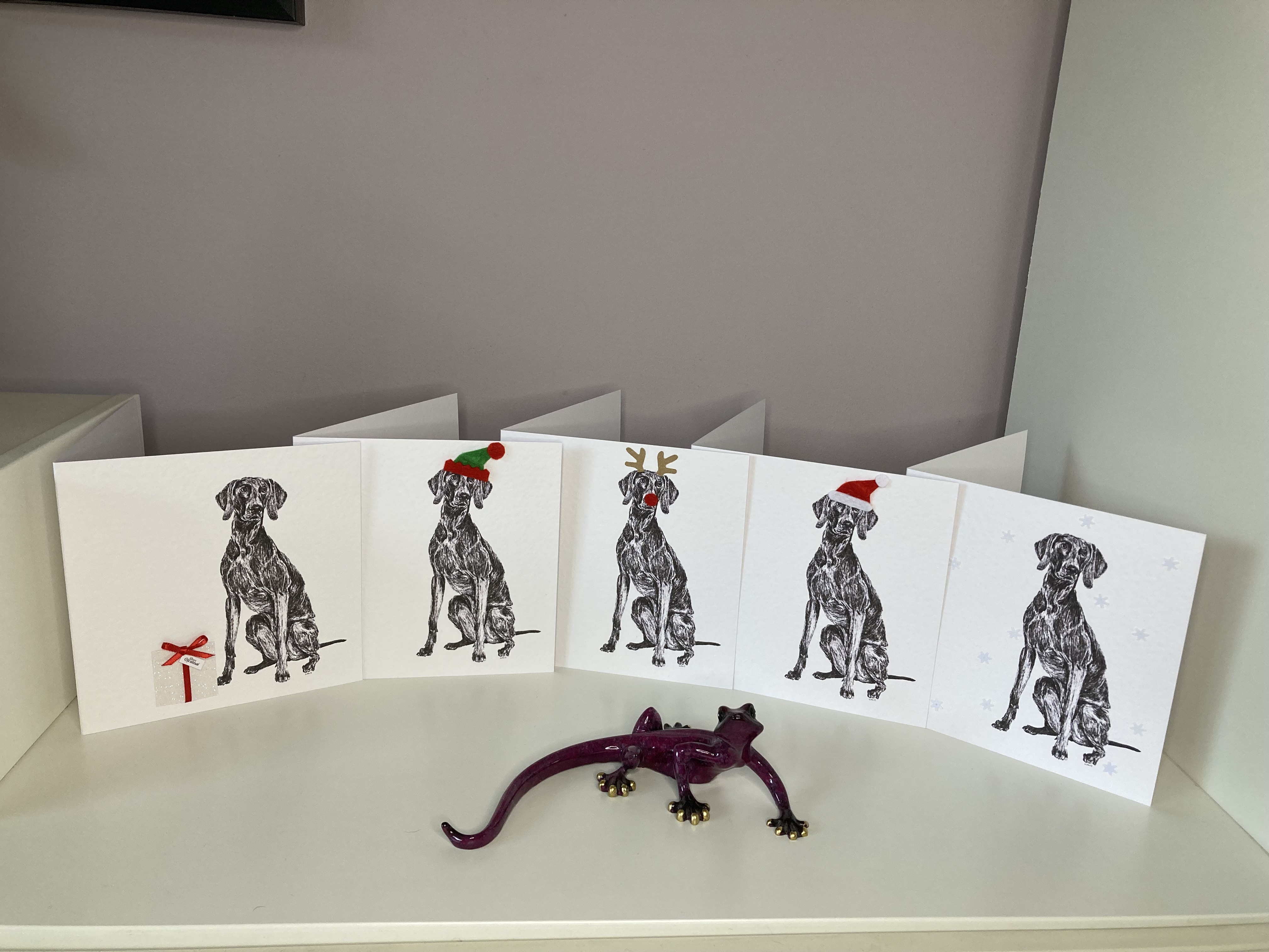 Pack of 5 Weimaraner Christmas cards by Louisa Hill