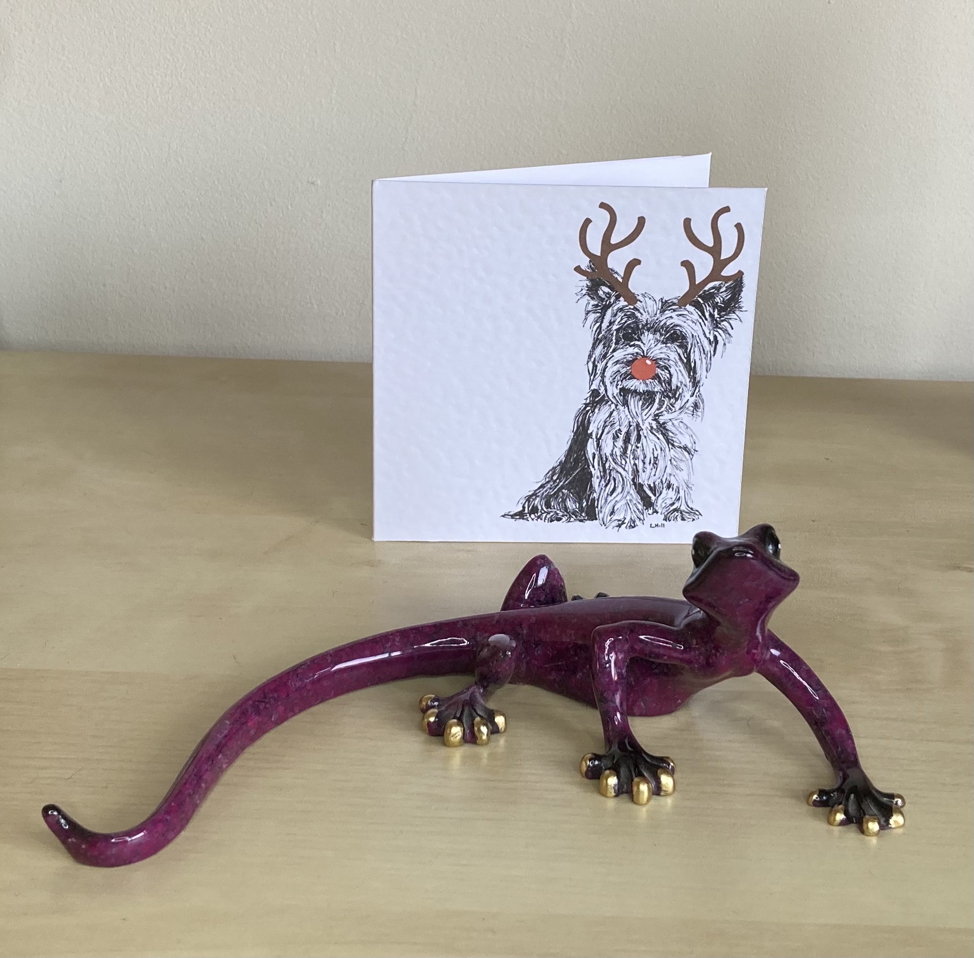 Yorkshire Terrier with reindeer antlers and red nose Christmas card by Louisa Hill