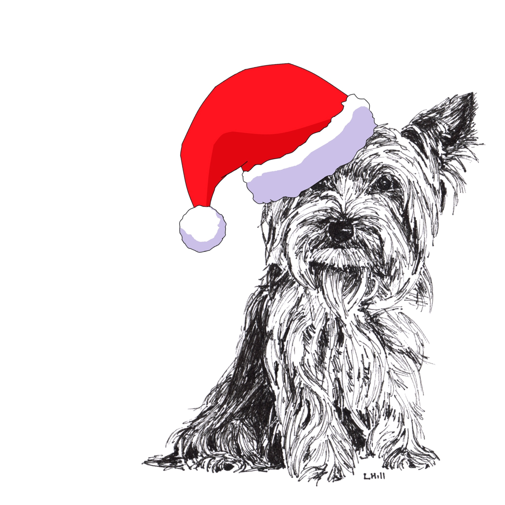 Yorkshire Terrier with Santa hat Christmas card by Louisa Hill