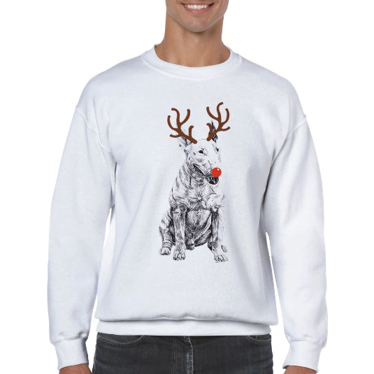 English Bull Terrier with reindeer antler and red nose Christmas jumper by Louisa Hill