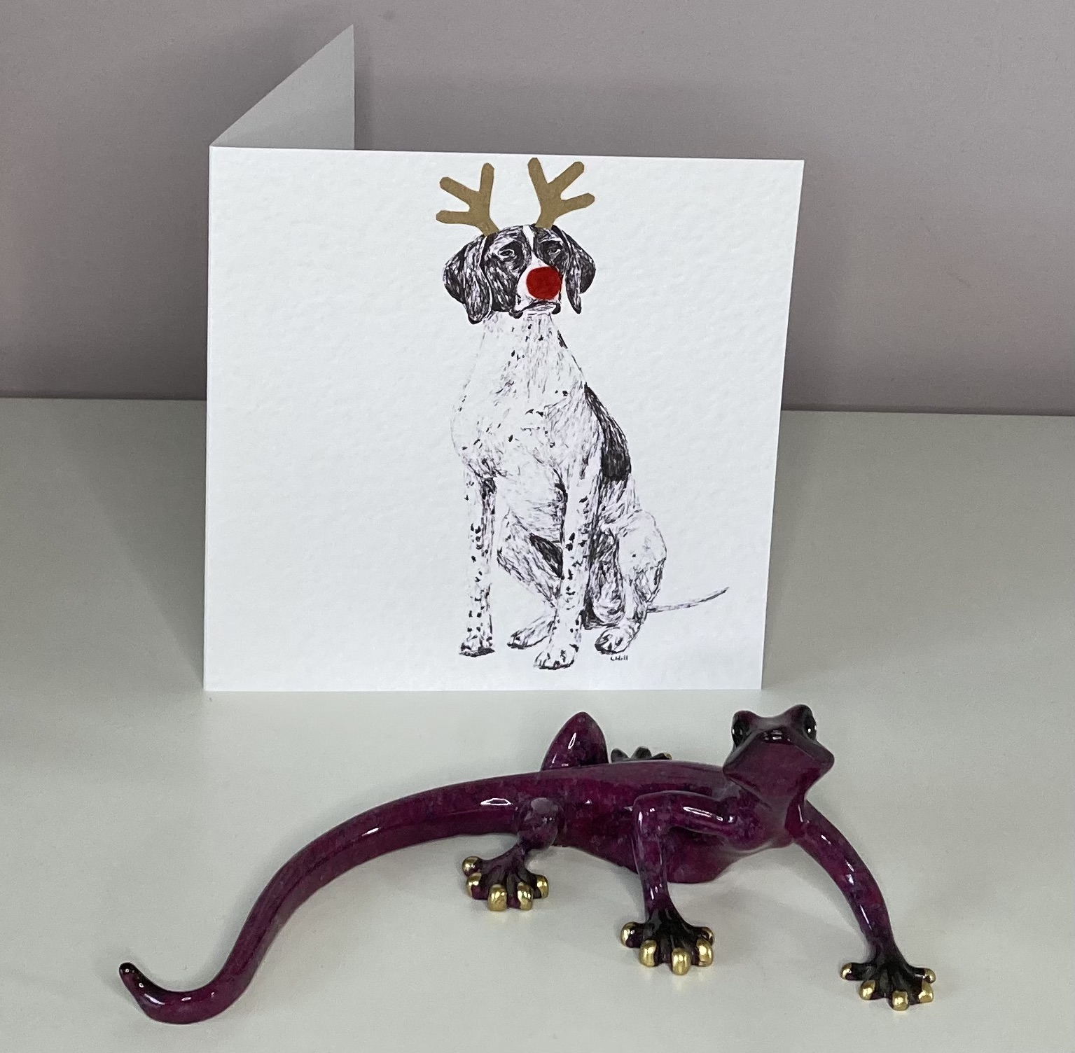 English Pointer with reindeer antlers and red nose Christmas card by Louisa Hill