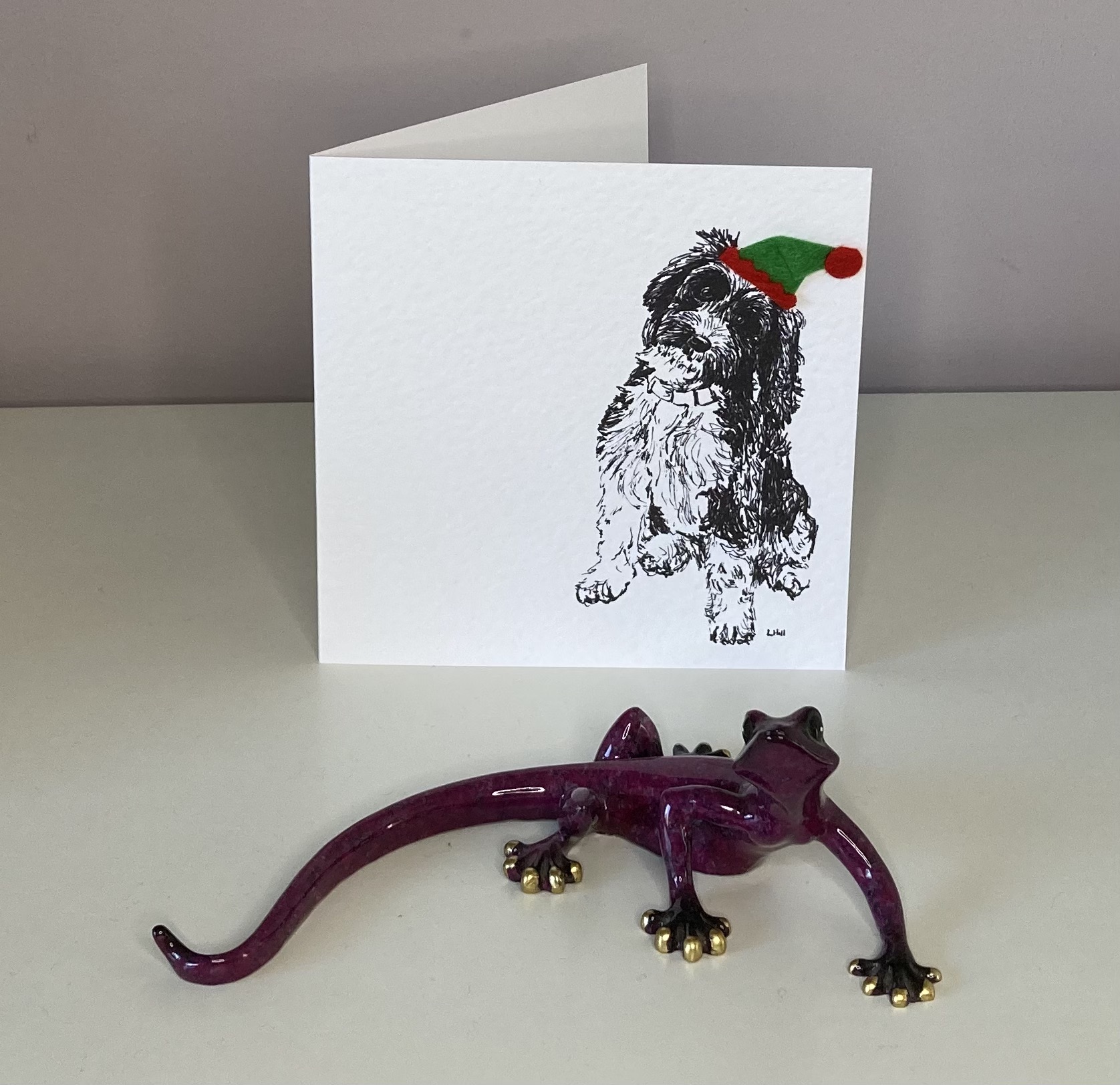 Cockapoo with elf hat Christmas card by Louisa Hill