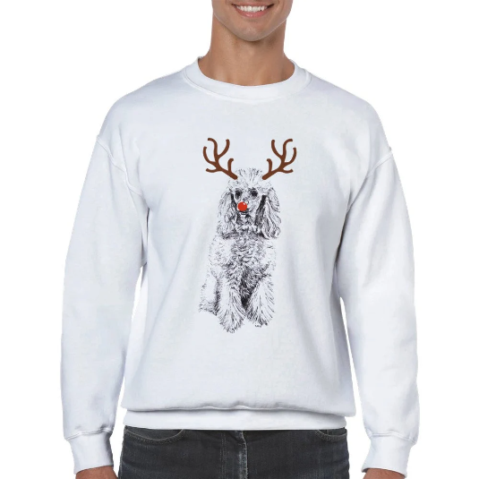 Poodle with reindeer antler and red nose Christmas jumper by Louisa Hill