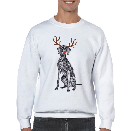 Weimaraner with reindeer antlers and red nose Christmas jumper by Louisa Hill