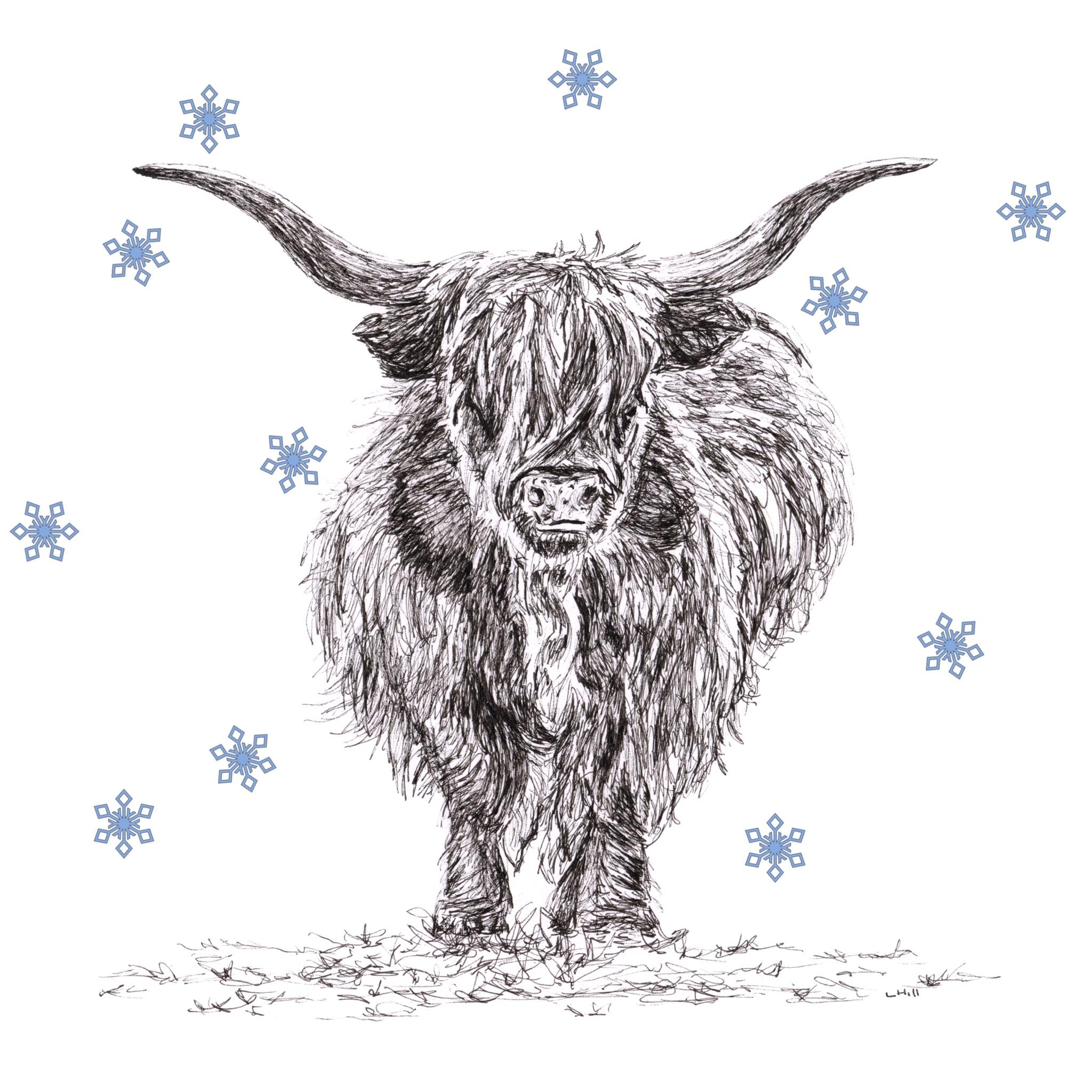 Highland Cattle with reindeer antlers and red nose Christmas card by Louisa Hill