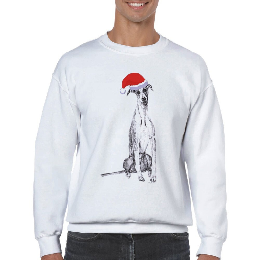 Whippet with Santa hat Christmas jumper by Louisa Hill