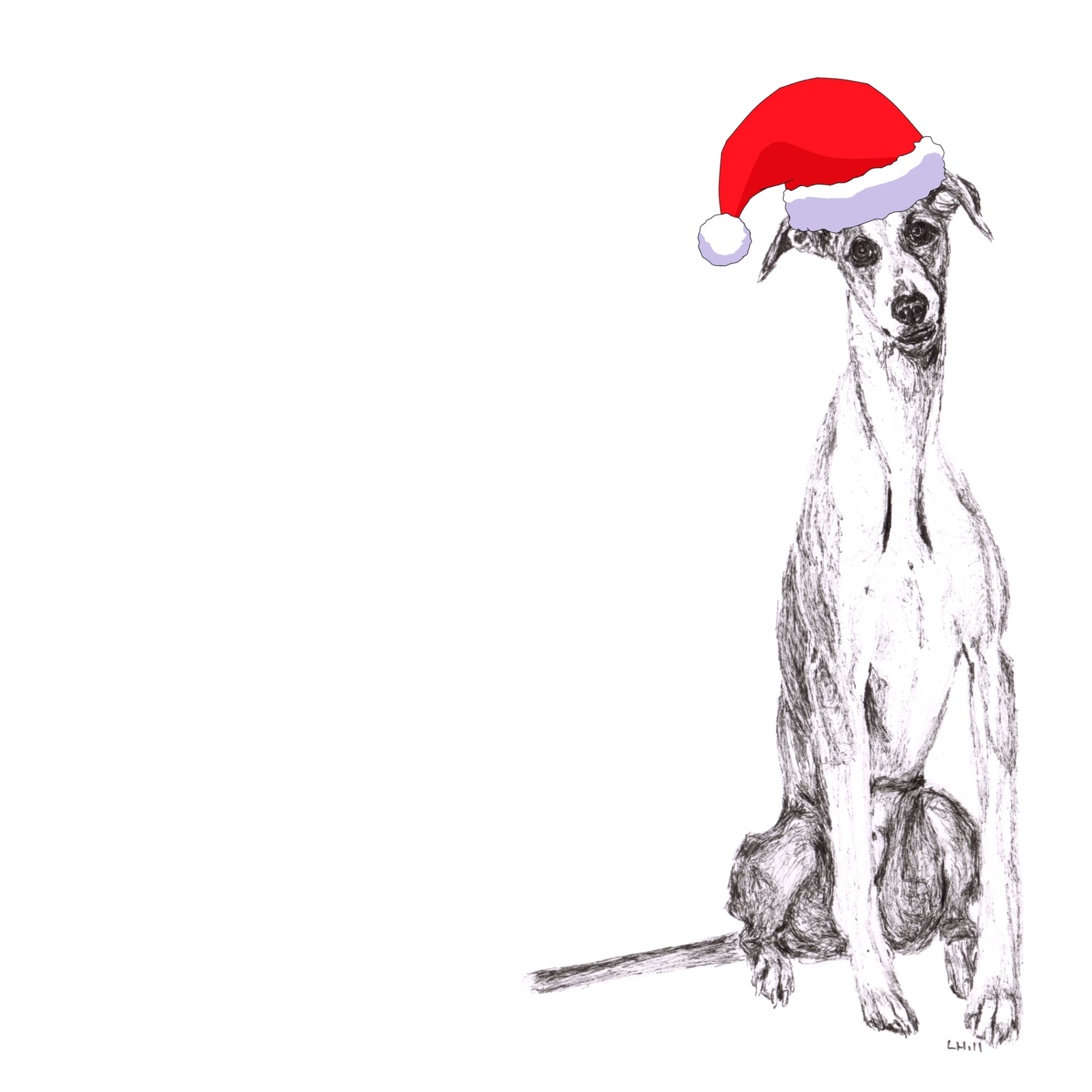 Whippet with Santa hat Christmas card by Louisa Hill