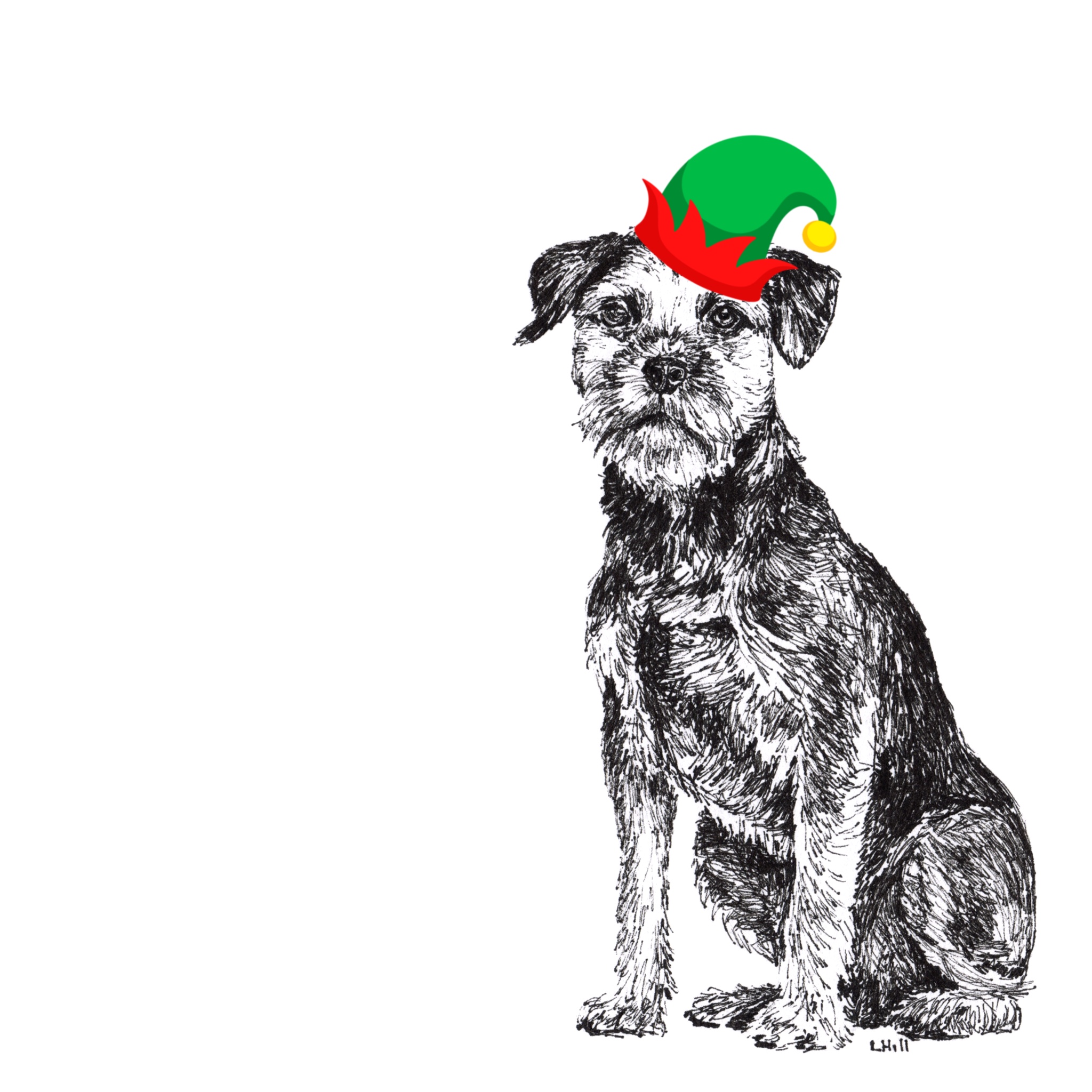 Border Terrier with Santa hat Christmas card by Louisa Hill