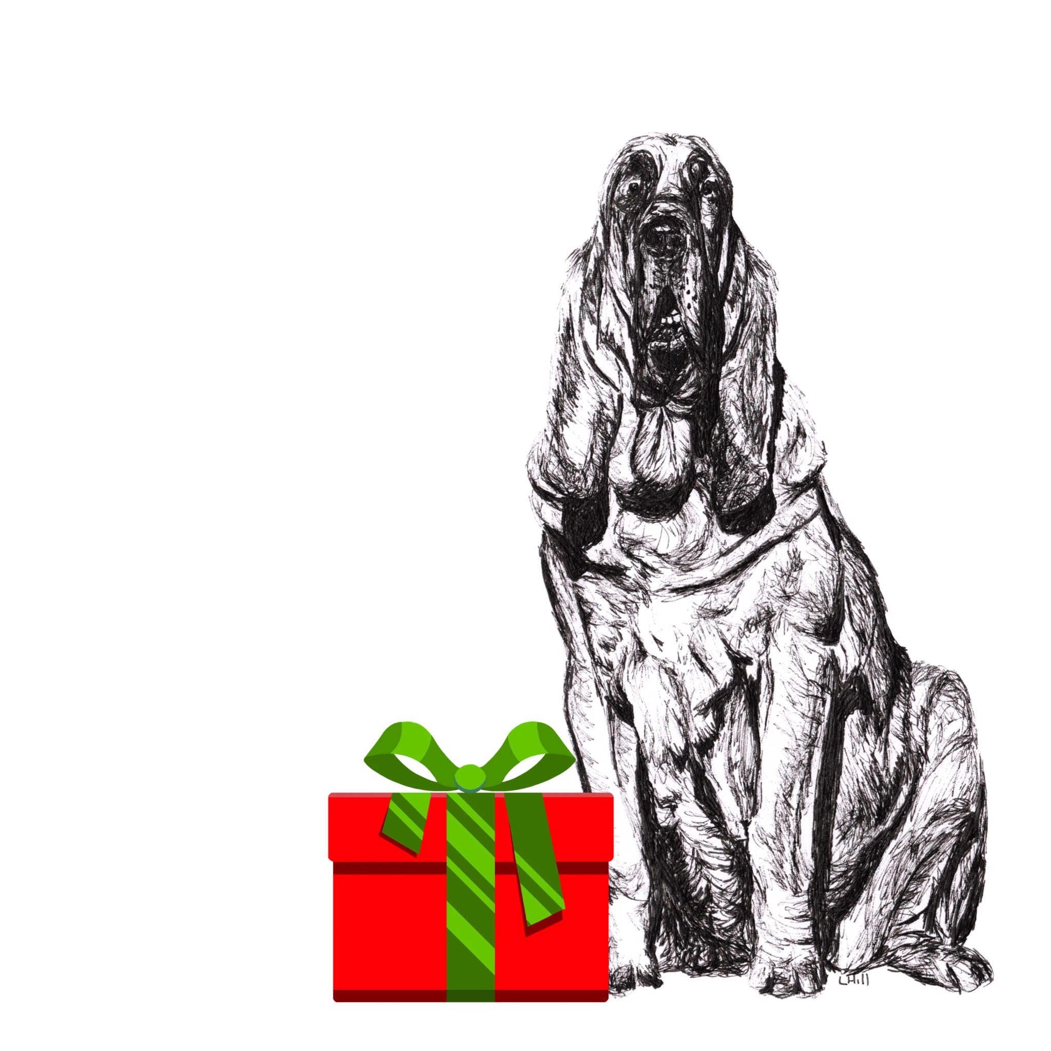 Bloodhound with Santa hat Christmas card by Louisa Hill