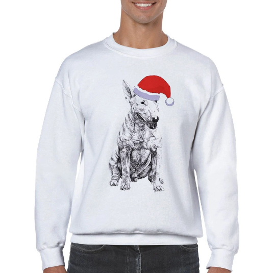 English Bull Terrier with Santa hat Christmas jumper by Louisa Hill