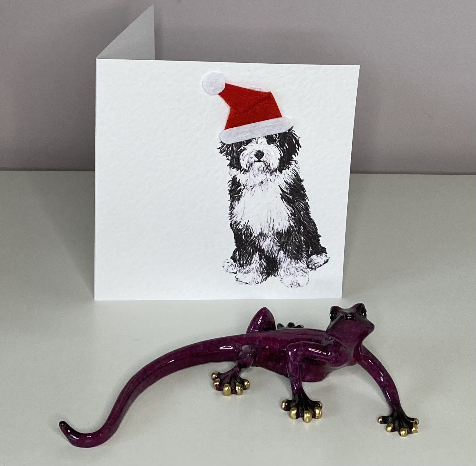 Bernedoodle with Santa hat Christmas card by Louisa Hill