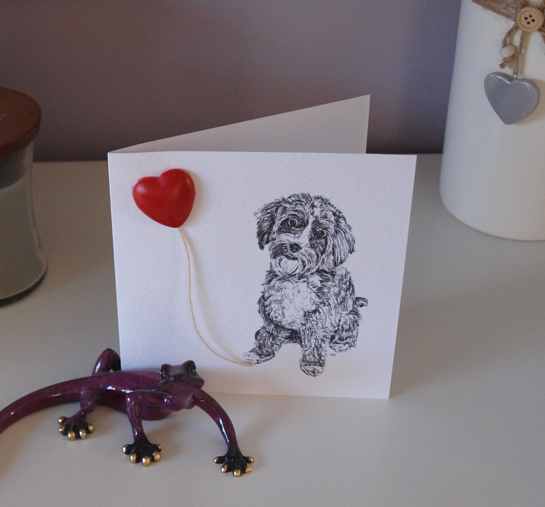 Cavapoo 15cm greetings card with 3D red heart balloon