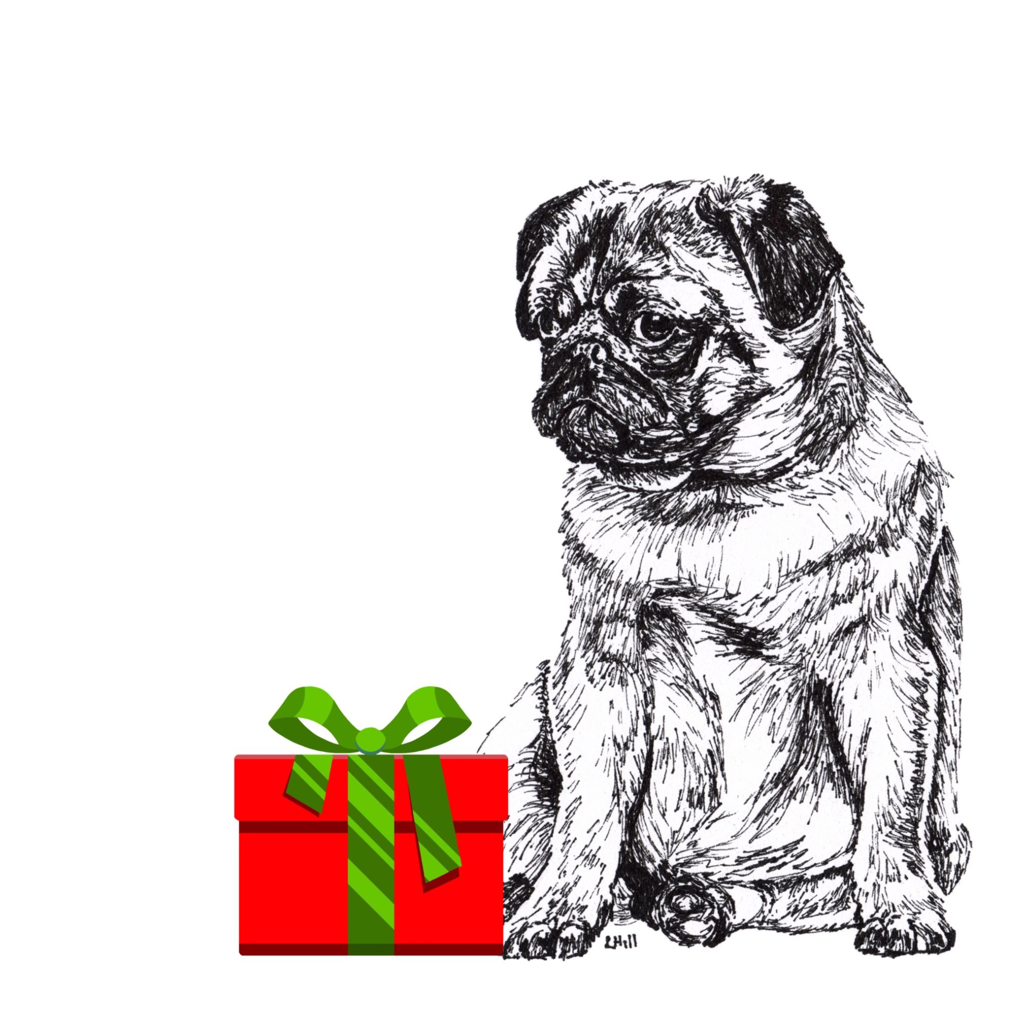 Pug with santa hat Christmas card by Louisa Hill