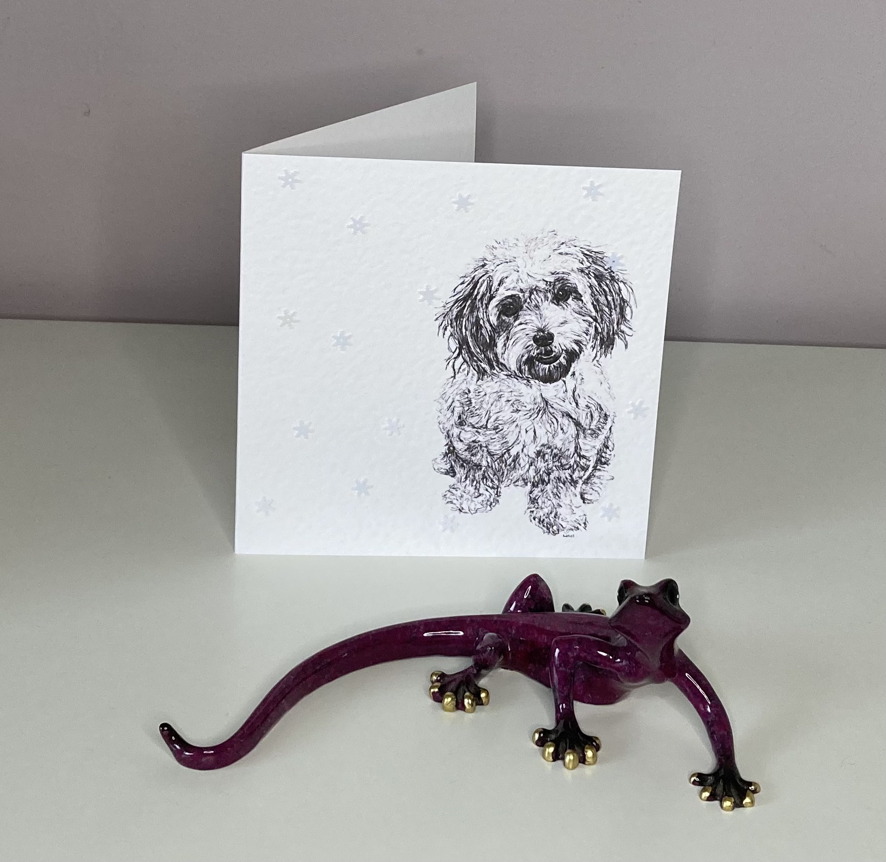 Cavachon with snowflakes Christmas card by Louisa Hill