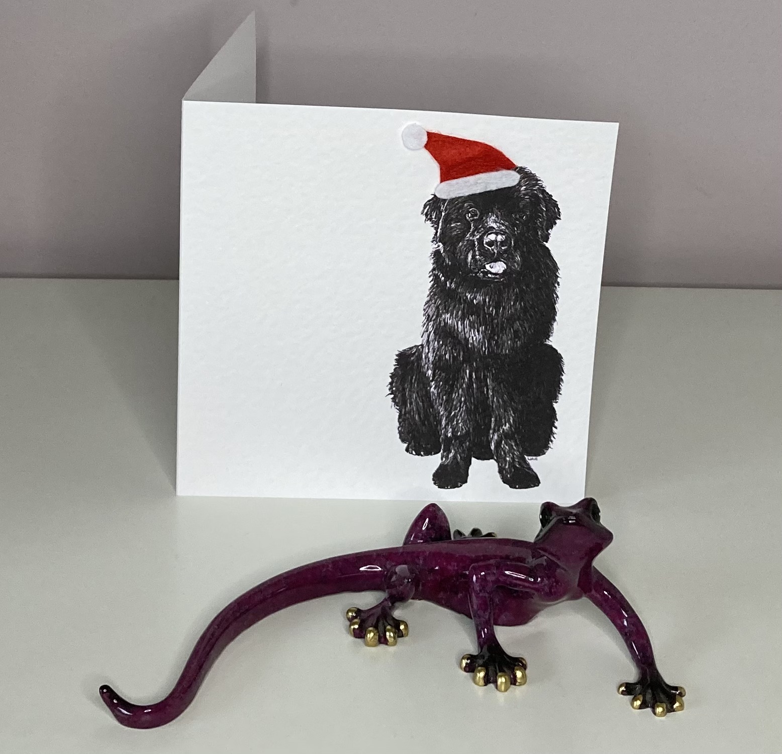 Newfoundland with Santa hat Christmas card by Louisa Hill