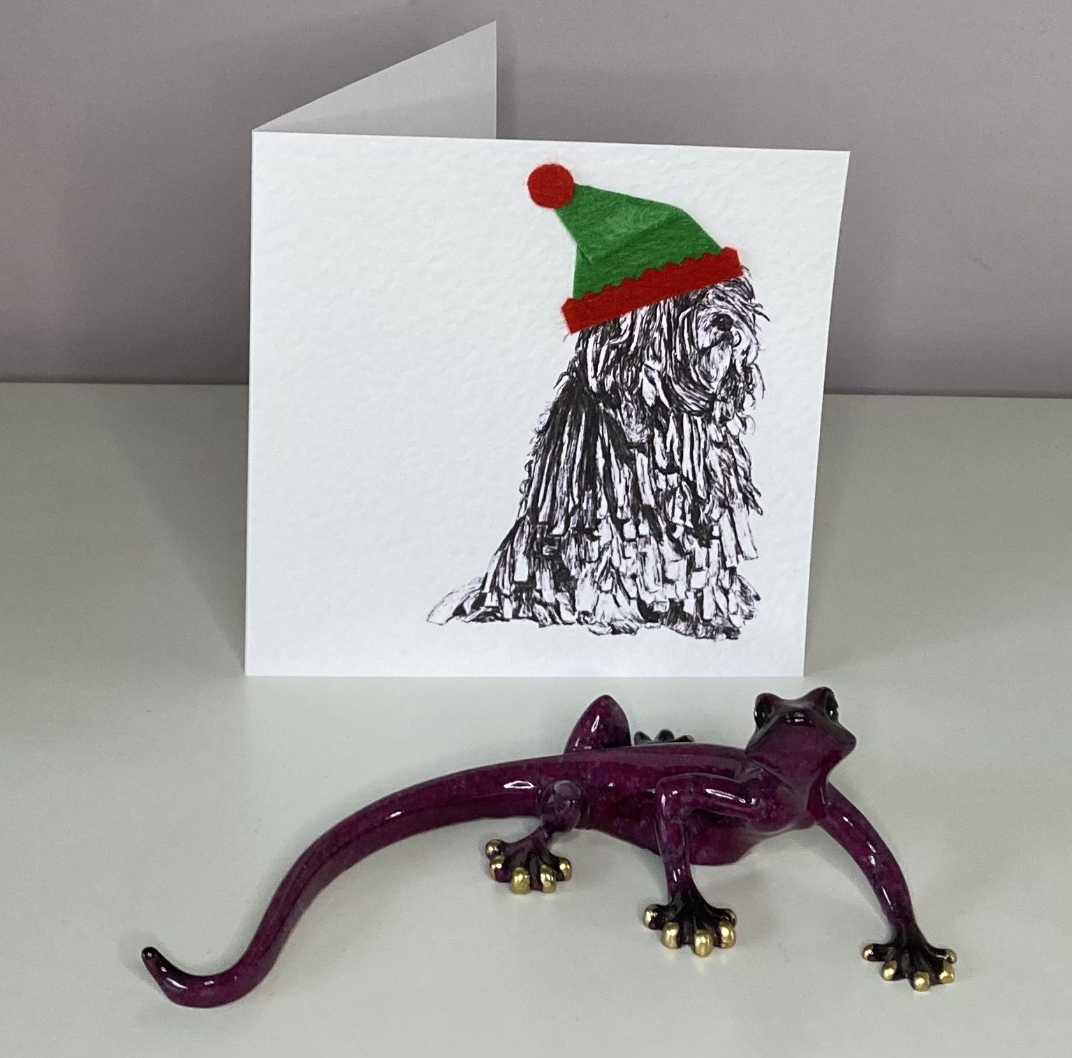 Bergamasco with elf hat Christmas card by Louisa Hill