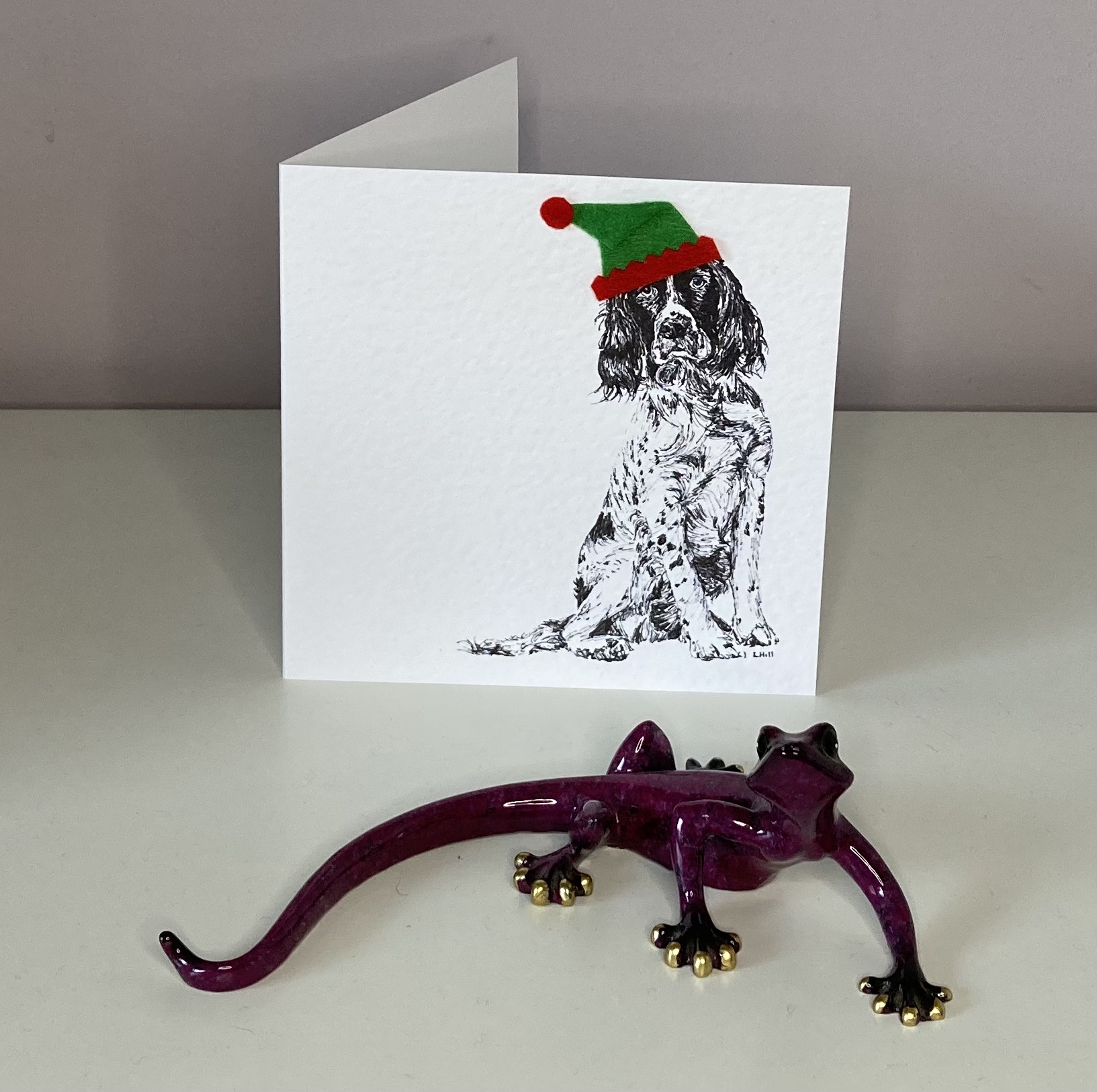 Springer Spaniel with elf hat Christmas card by Louisa Hill