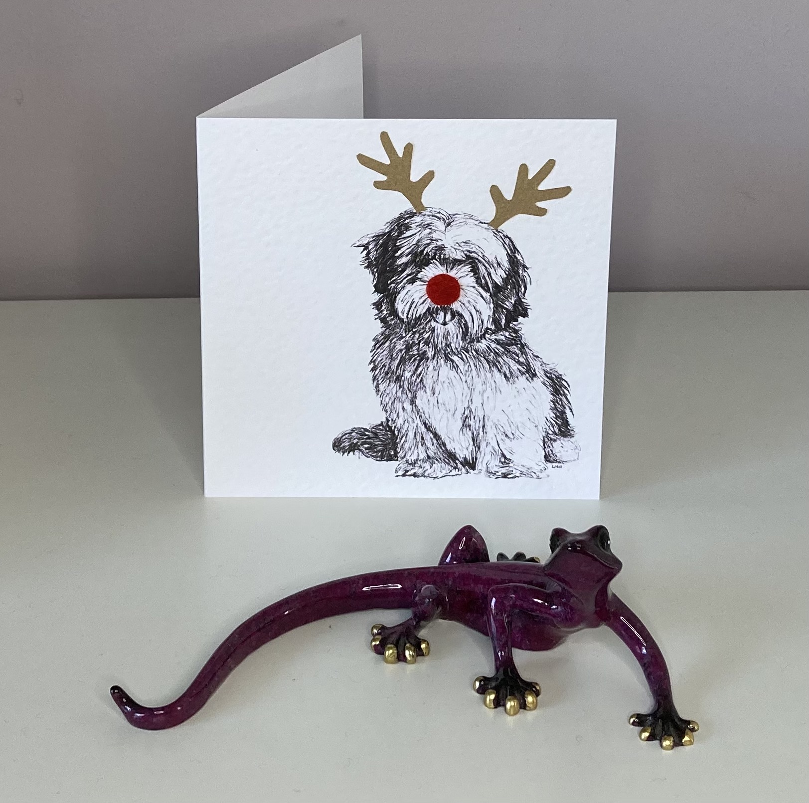 Lhasa Apso with reindeer antlers and red nose Christmas card by Louisa Hill