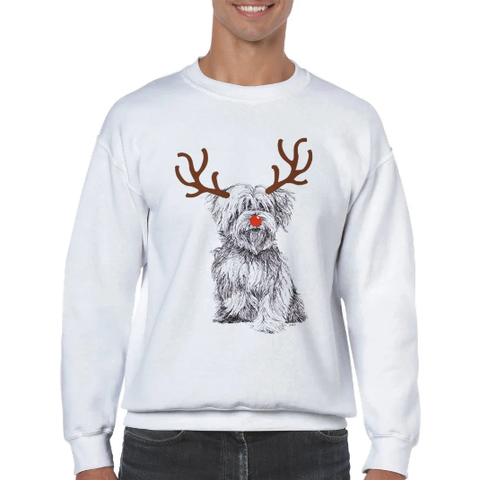 Maltese Terrier with reindeer antlers and red nose Christmas jumper by Louisa Hill