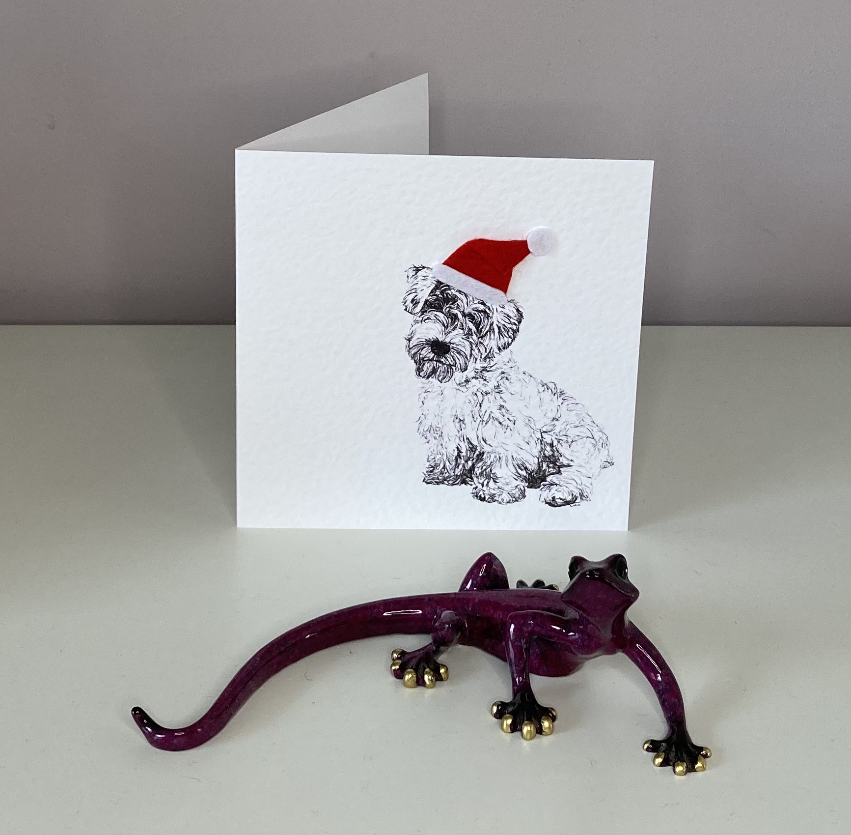 Sealyham Terrier with Santa hat Christmas card by Louisa Hill