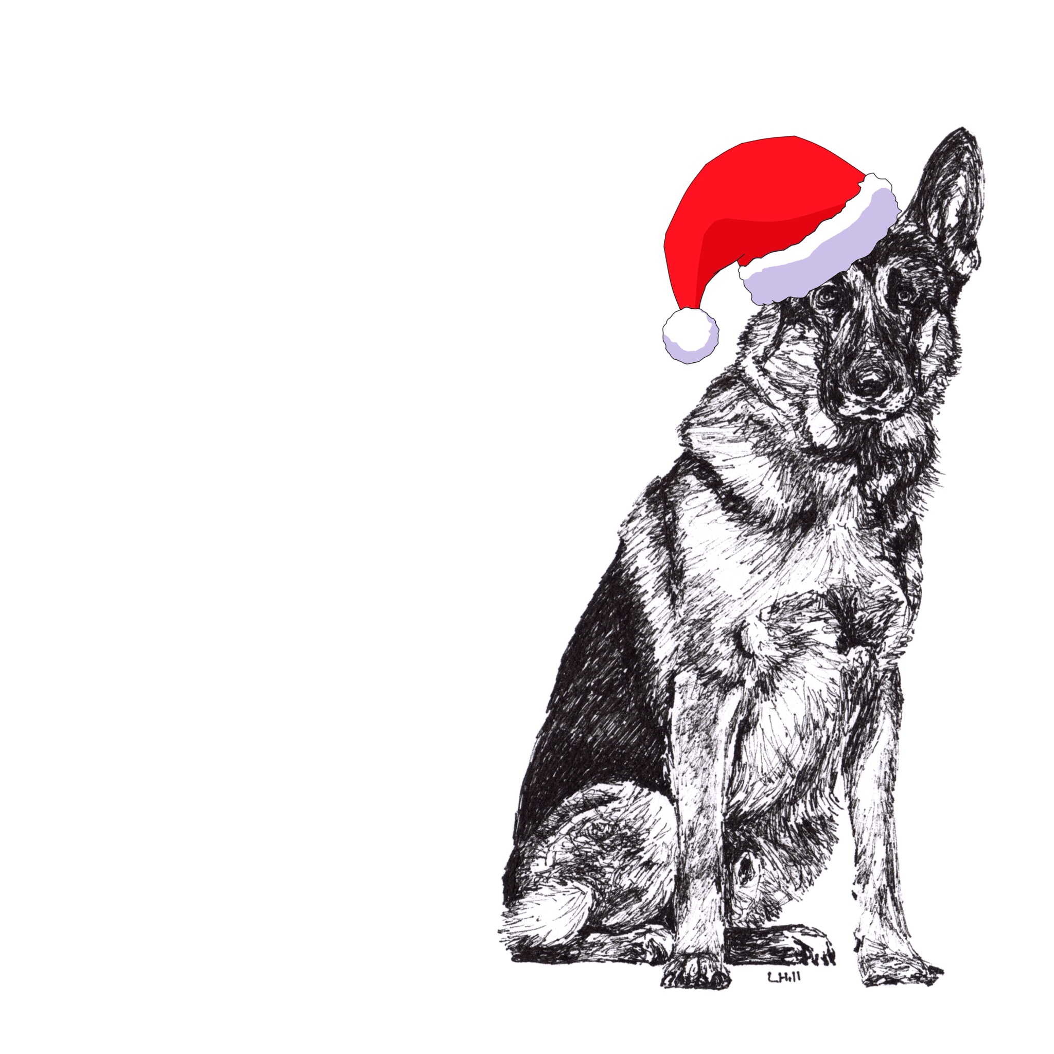 German Shepherd with reindeer antlers and red nose Christmas card by Louisa Hill