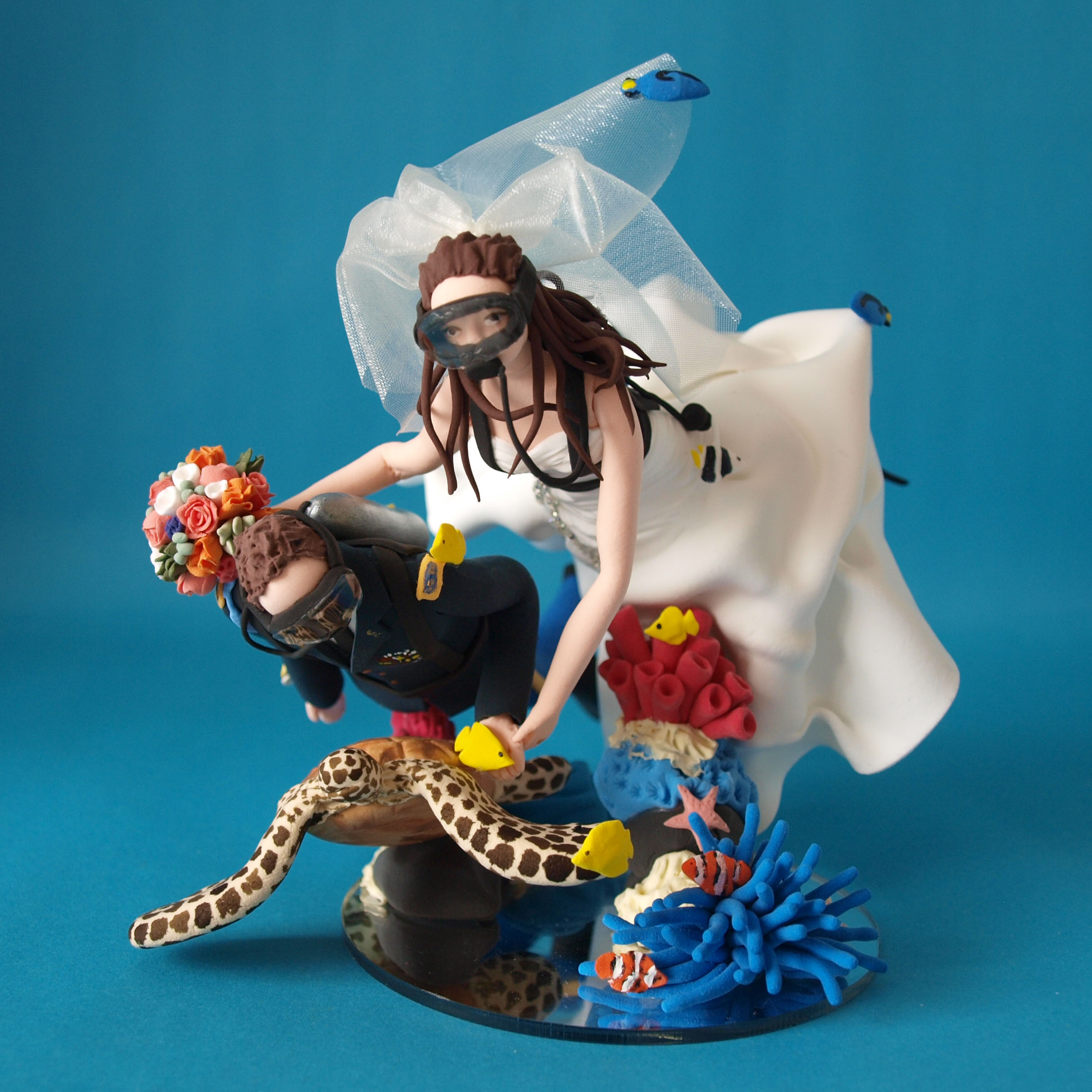 Scuba Diving Bride and groom with sea turtlewedding cake topper by Louisa Hill