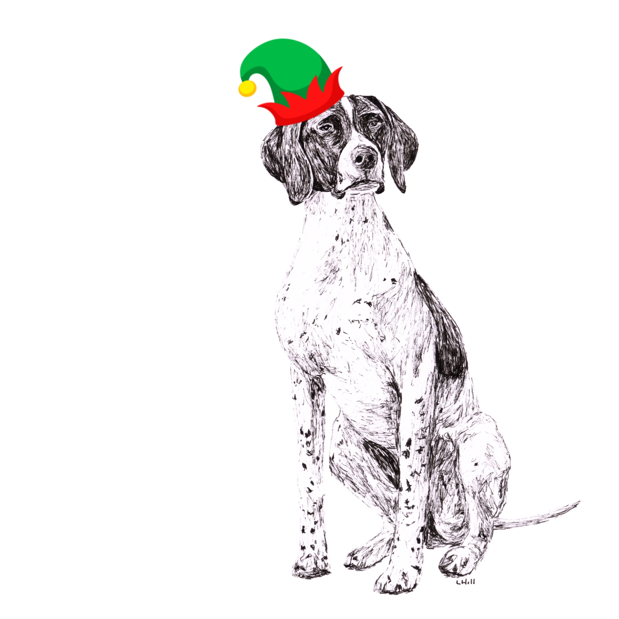 English Pointer with reindeer antlers and red nose Christmas card by Louisa Hill