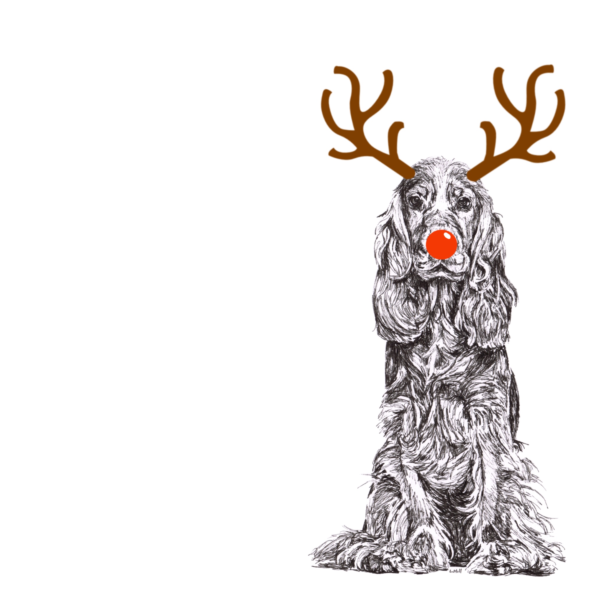 Cocker Spaniel with reindeer antlers and red nose Christmas card by Louisa Hill