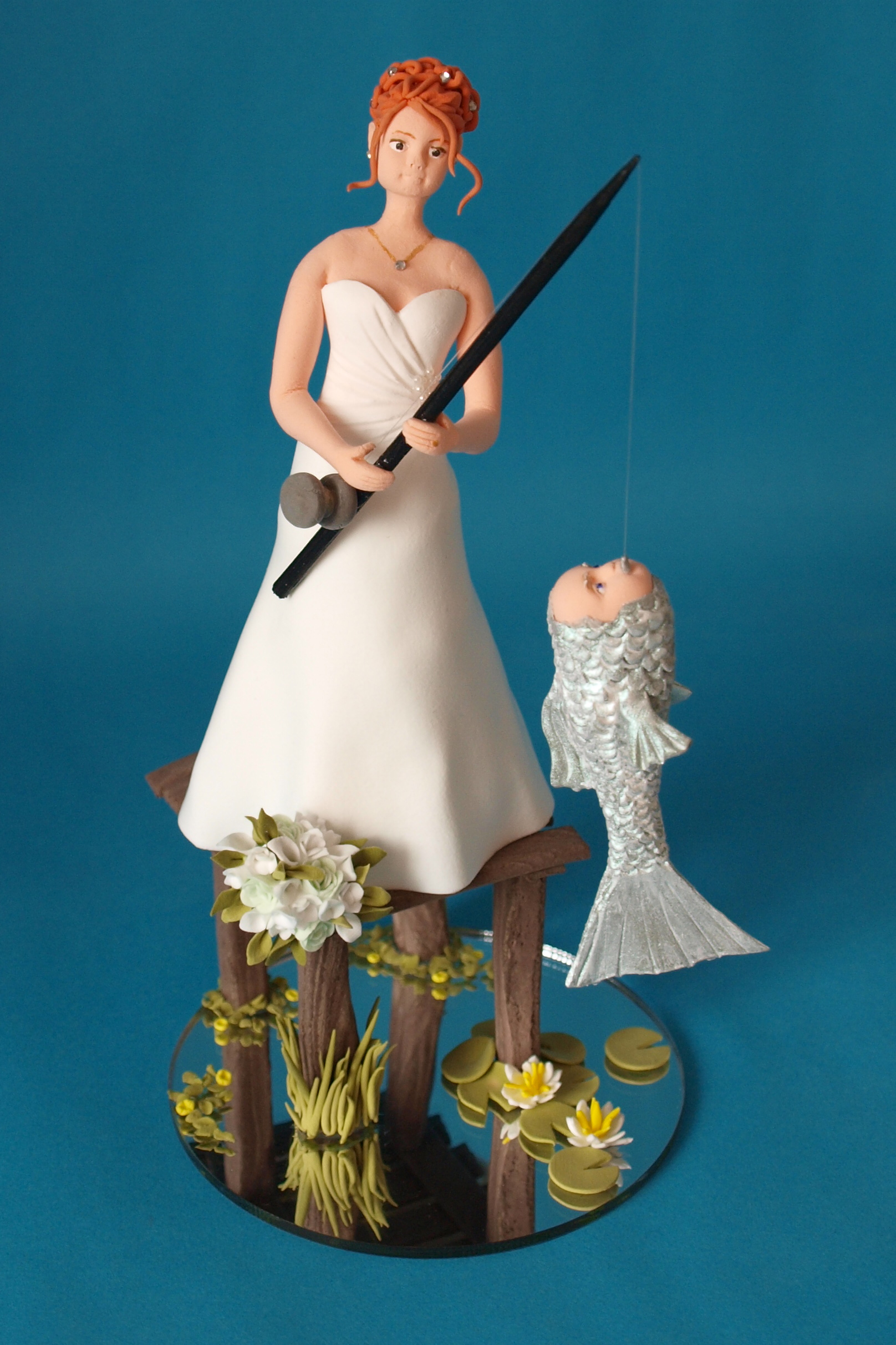 Bride and fish groom wedding cake topper by Louisa Hill