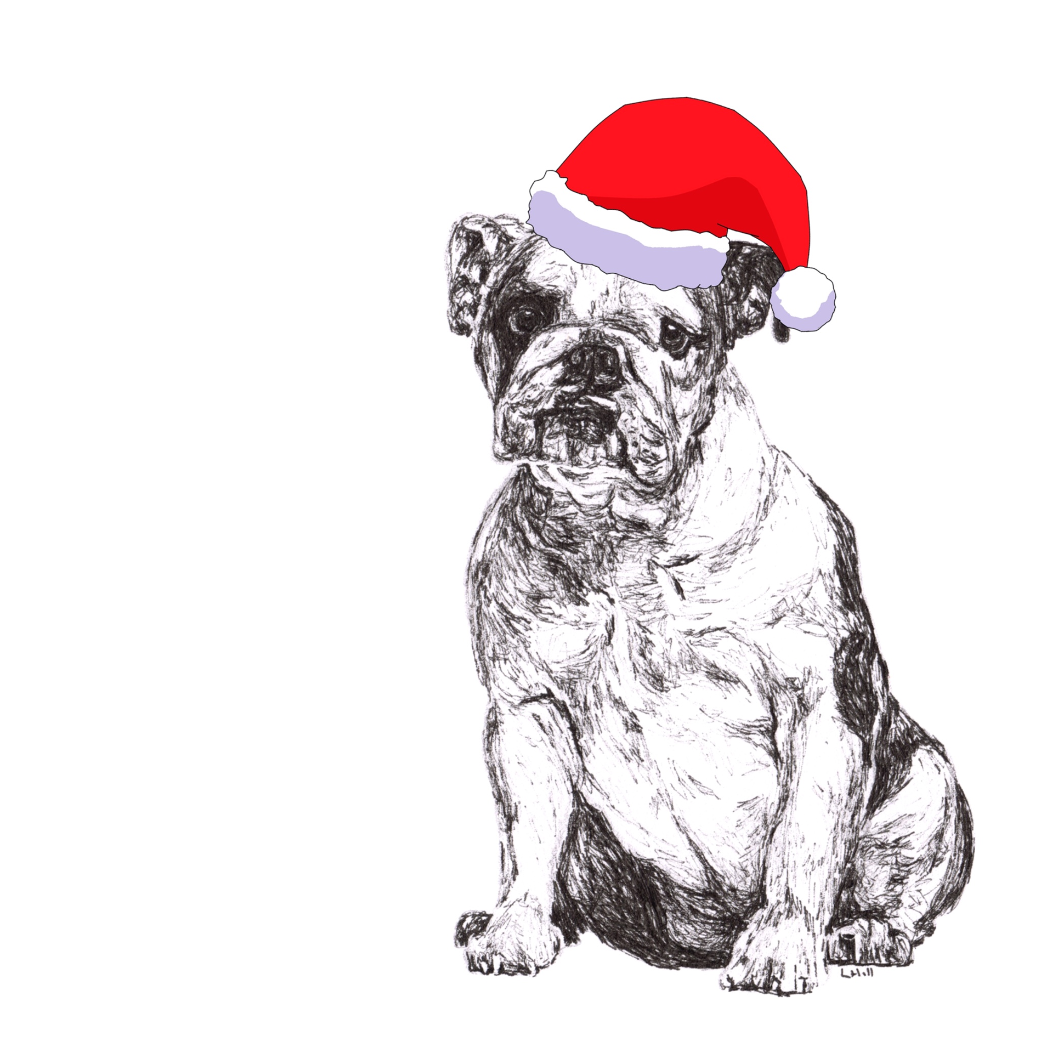 English Bulldog with Santa hat Christmas card by Louisa Hill