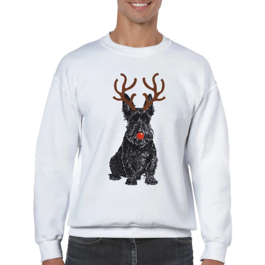 Scottish Terrier with reindeer antlers and red nose Christmas jumper by Louisa Hill