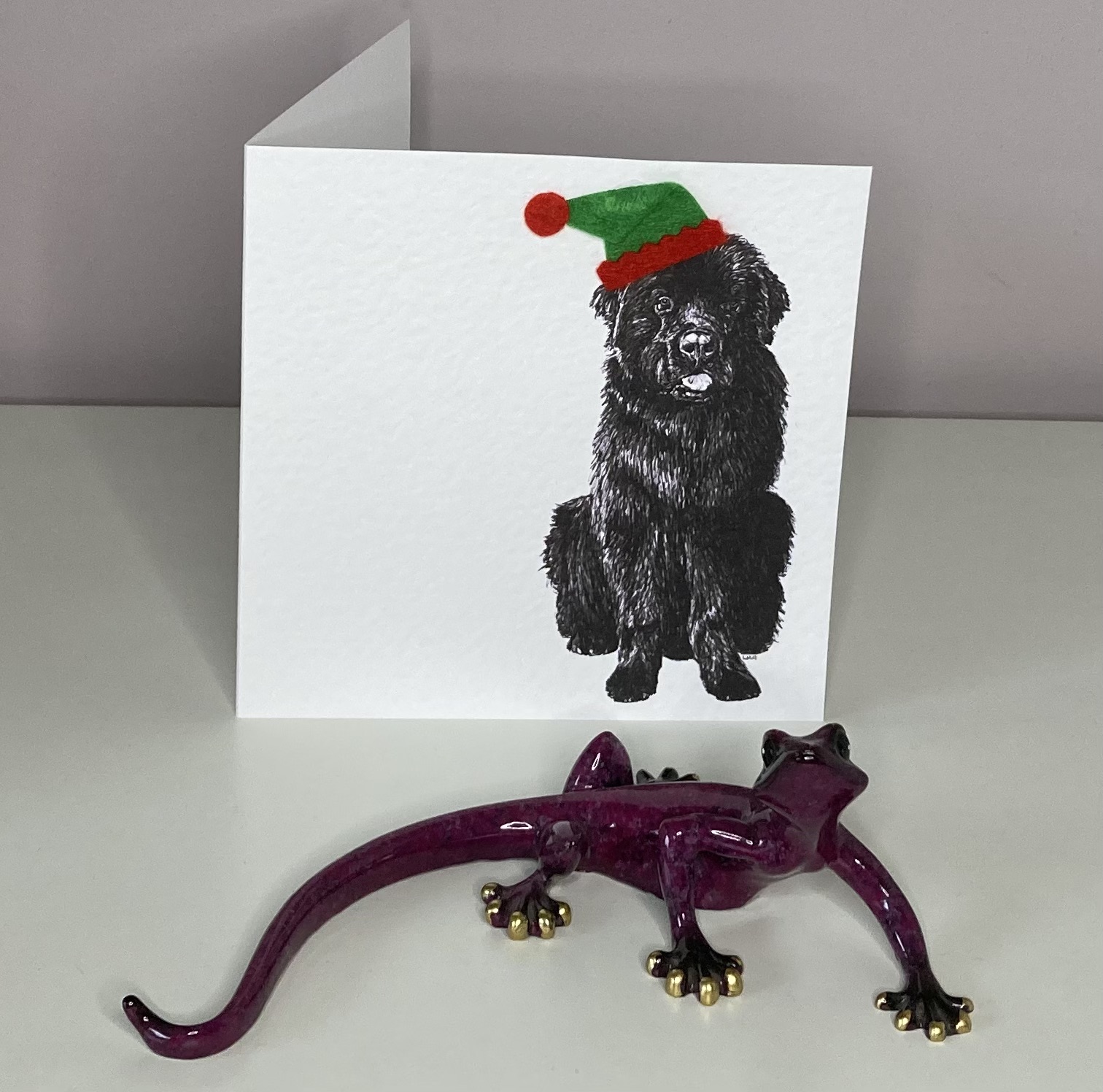 Newfoundland with elf hat Christmas card by Louisa Hill