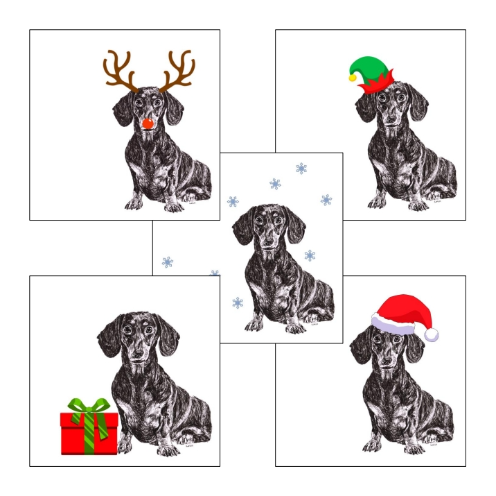 Dachshund in Santa hat Christmas cards by Louisa Hill