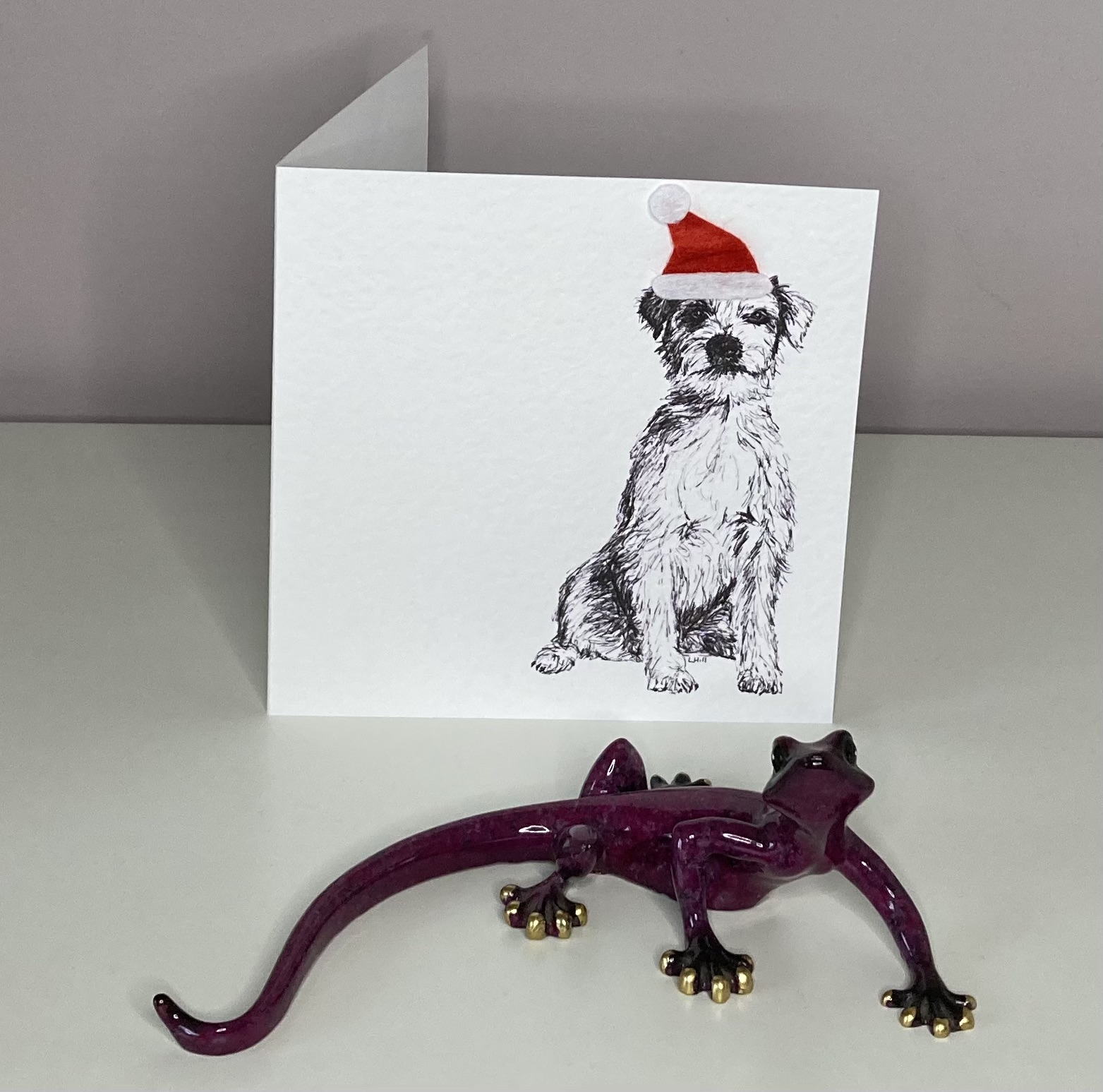 Parson Russell Terrier with Santa hat Christmas card by Louisa Hill