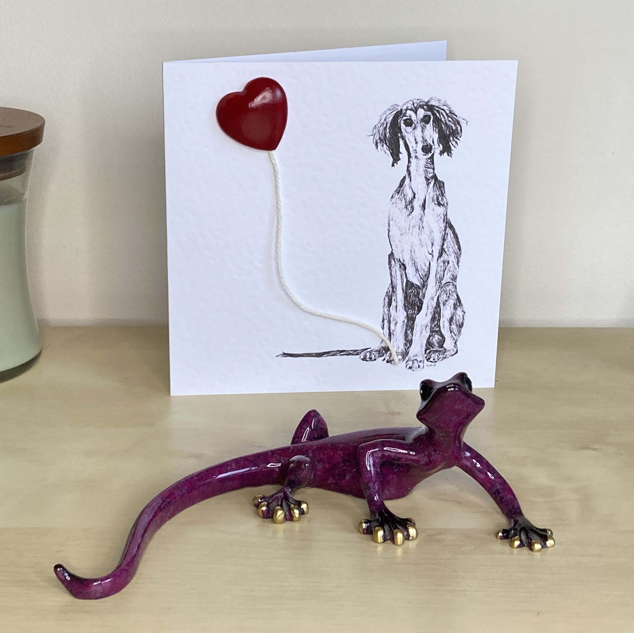 Saluki 15cm greetings card with 3D red heart balloon